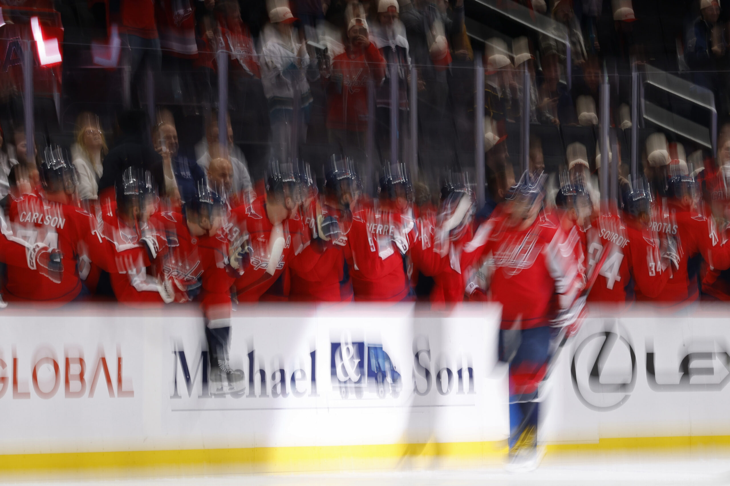 Nov 17, 2025; Washington, District of Columbia, USA; Washington Capitals left wing Alex Ovechkin (8) celebrates with teammates after scoring a goal against the Los Angeles Kings during the second period at Capital One Arena. Mandatory Credit: Geoff Burke-Imagn Images