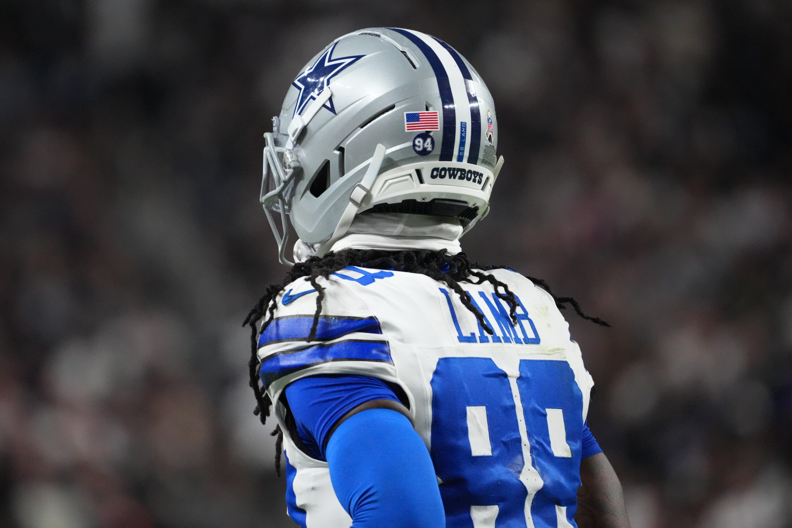 Nov 17, 2025; Paradise, Nevada, USA; Dallas Cowboys wide receiver CeeDee Lamb (88) wears a “94” decal on his helmet to honor teammate Marshawn Kneeland who tragically passed on November 6th, during the first half against the Las Vegas Raiders at Allegiant Stadium. Mandatory Credit: Kirby Lee-Imagn Images