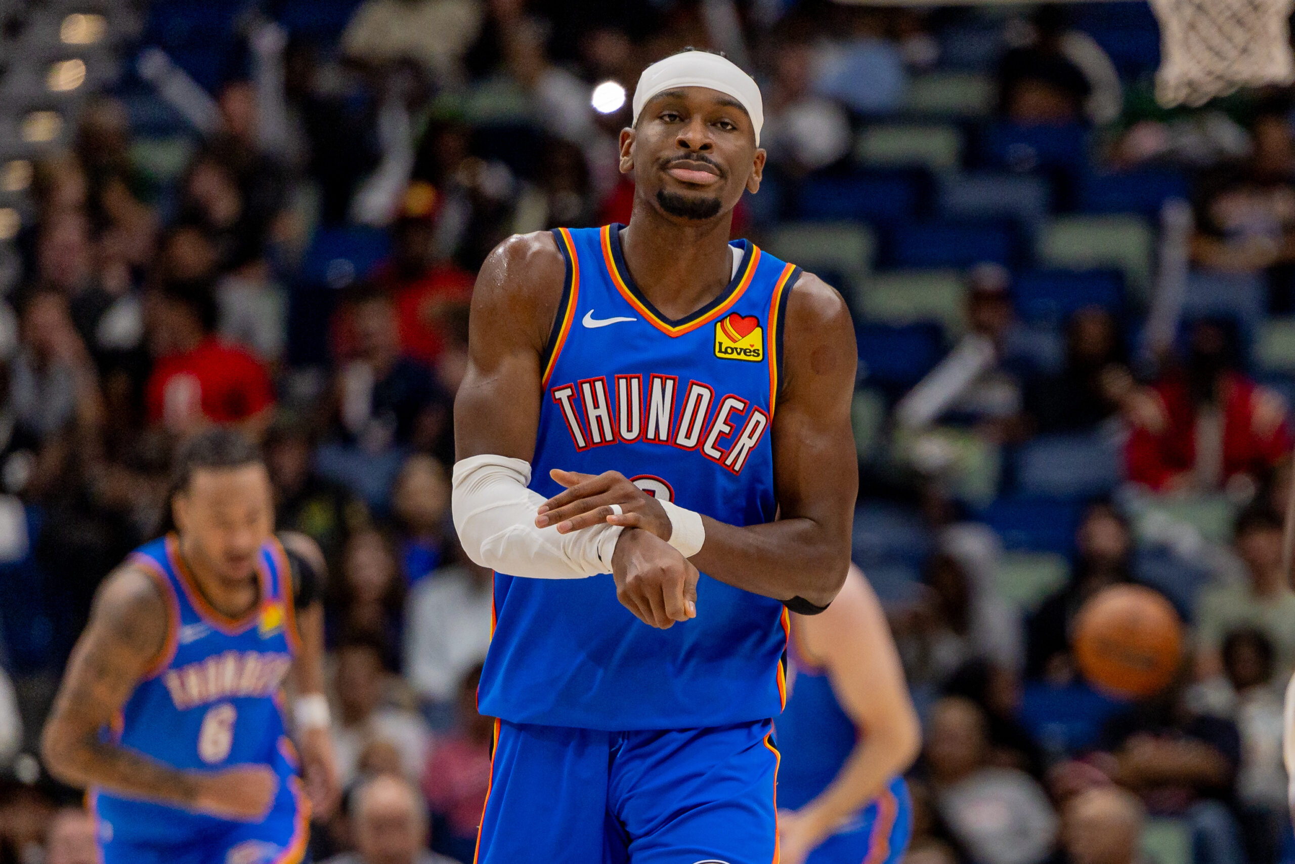 Nov 17, 2025; New Orleans, Louisiana, USA;  Oklahoma City Thunder guard Shai Gilgeous-Alexander (2) reacts after a play against the New Orleans Pelicans during the second half at Smoothie King Center. Mandatory Credit: Stephen Lew-Imagn Images