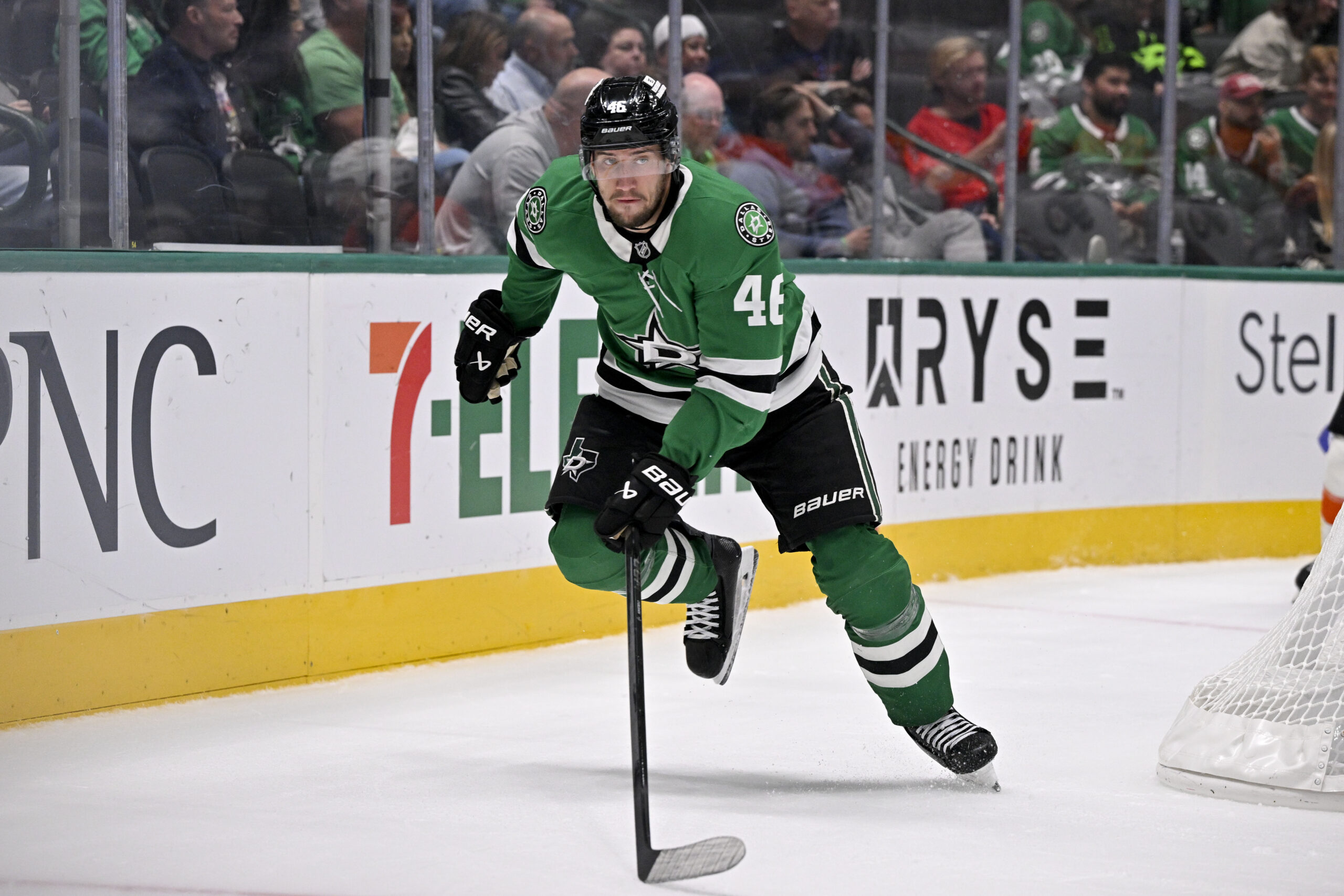 Nov 15, 2025; Dallas, Texas, USA; Dallas Stars defenseman Ilya Lyubushkin (46) skates against the Philadelphia Flyers during the game between the Stars and the Flyers at the American Airlines Center. Mandatory Credit: Jerome Miron-Imagn Images