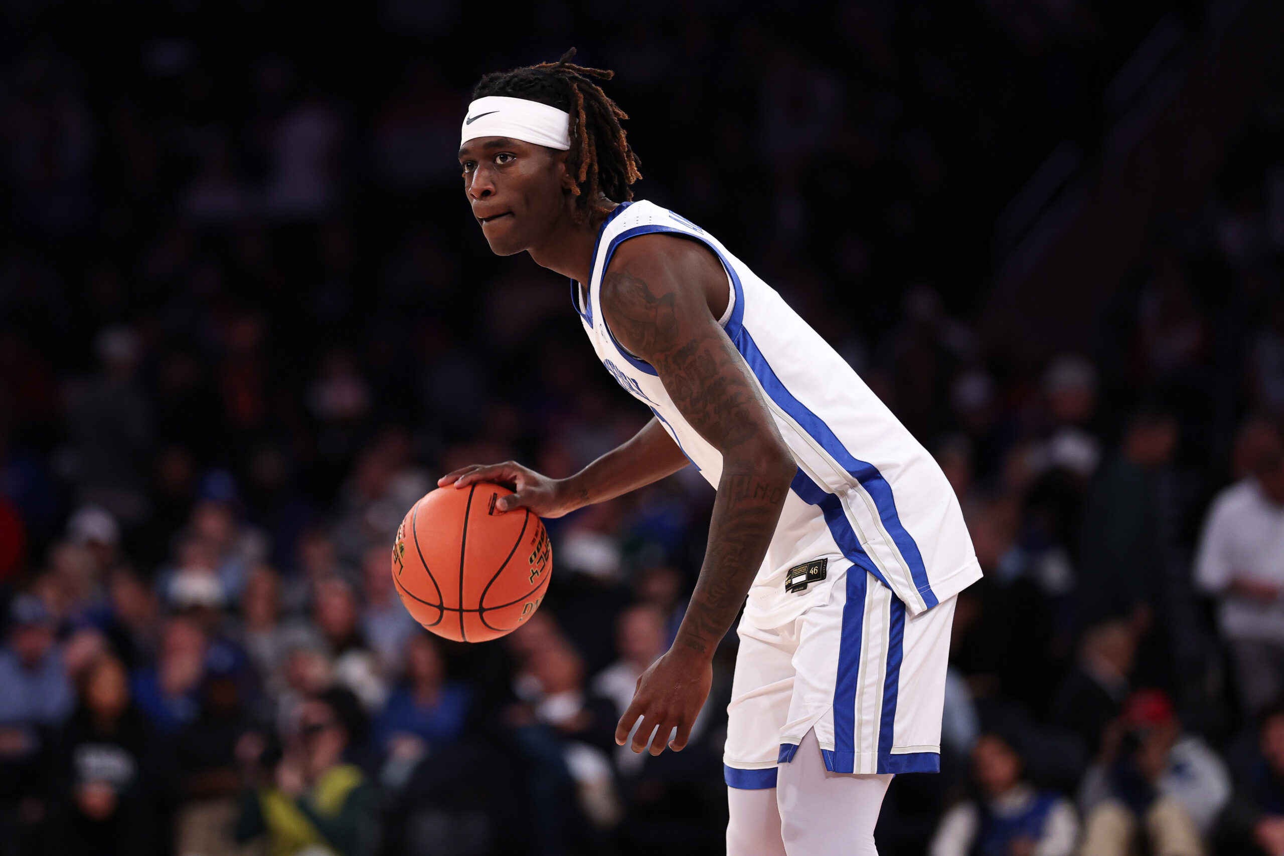 Nov 18, 2025; New York, New York, USA; Kentucky Wildcats guard Denzel Aberdeen (1) dribbles during the second half against the Michigan State Spartans at Madison Square Garden. Mandatory Credit: Vincent Carchietta-Imagn Images