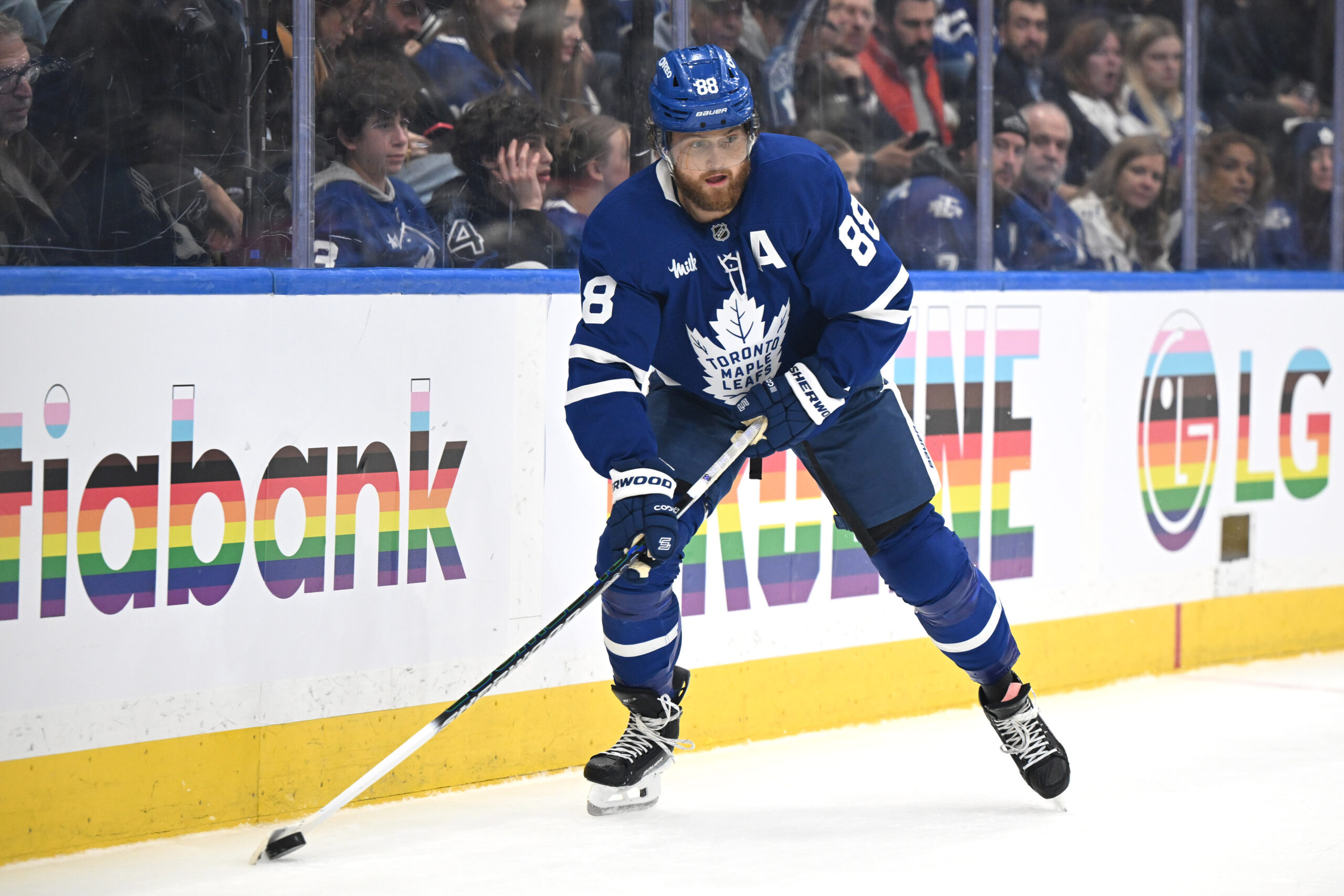 Nov 18, 2025; Toronto, Ontario, CAN; Toronto Maple Leafs forward William Nylander (88) skates with the puck against the St. Louis Blues in the third period at Scotiabank Arena. Mandatory Credit: Dan Hamilton-Imagn Images