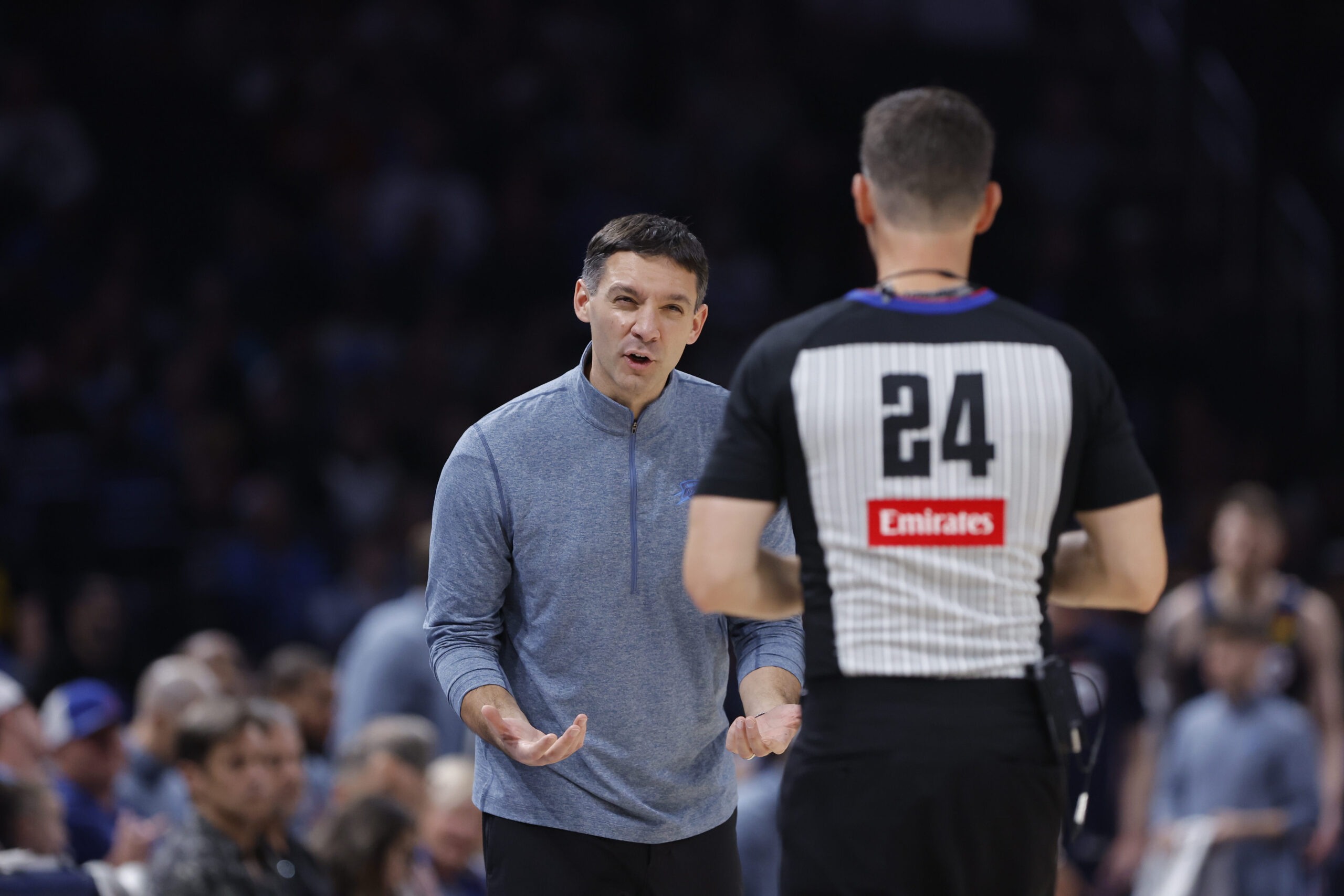 Nov 19, 2025; Oklahoma City, Oklahoma, USA; Oklahoma City Thunder head coach Mark Daigneault talks to an official after a play against the Sacramento Kings during the second half at Paycom Center. Mandatory Credit: Alonzo Adams-Imagn Images