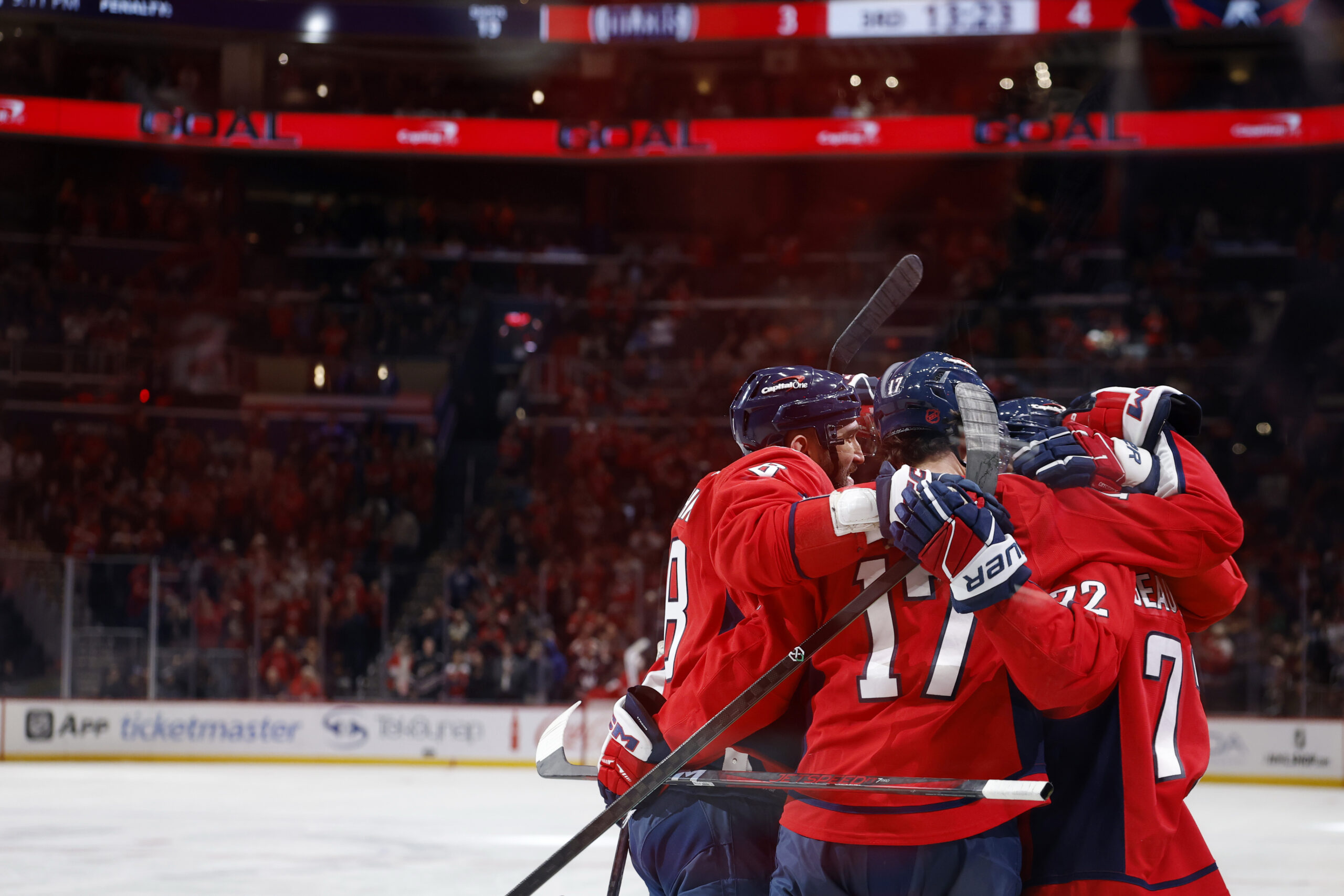 Nov 19, 2025; Washington, District of Columbia, USA; Washington Capitals left wing Anthony Beauvillier (72) celebrates with teammates after scoring a goal against the Edmonton Oilers during the third period at Capital One Arena. Mandatory Credit: Geoff Burke-Imagn Images