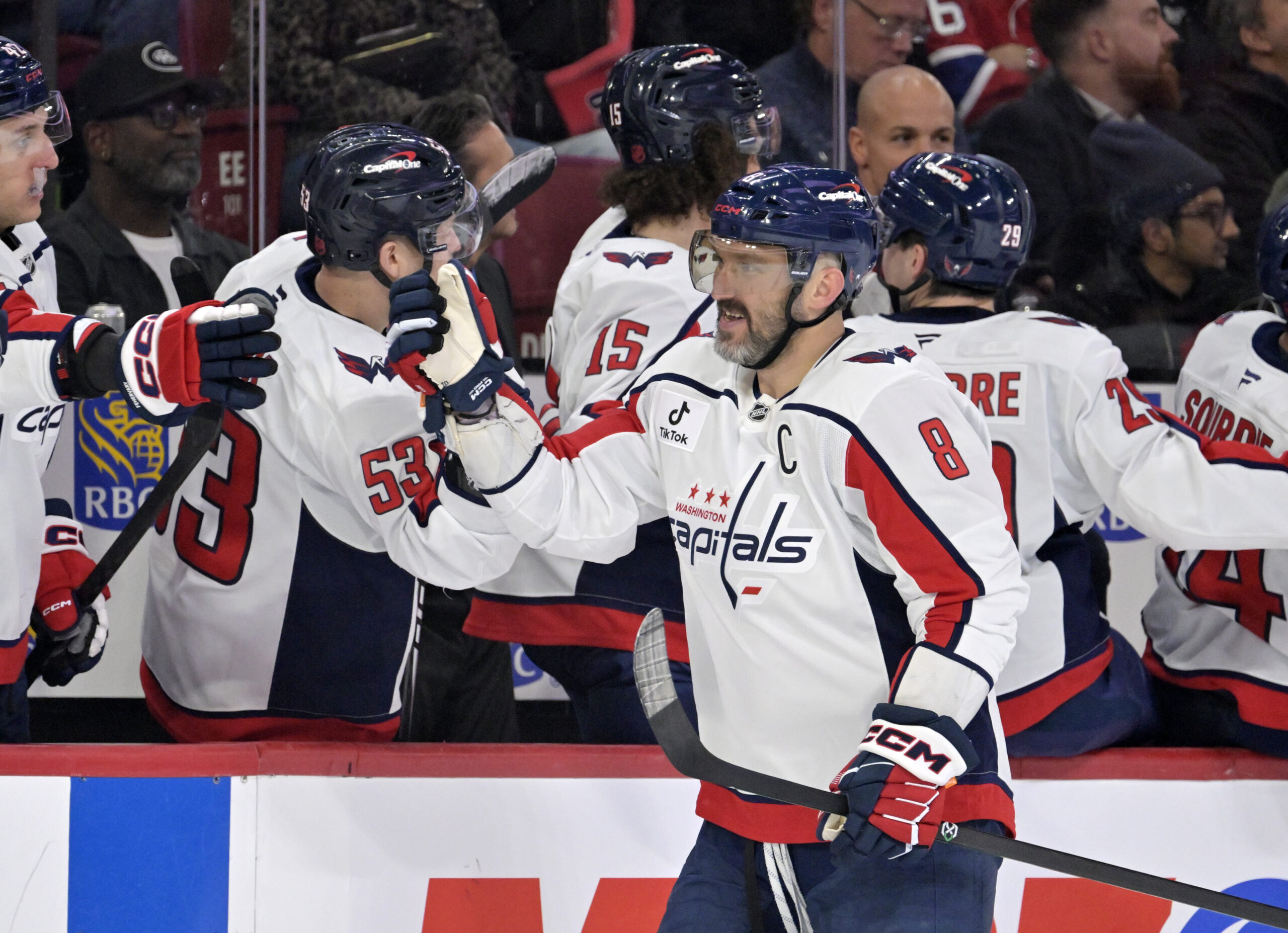 Nov 20, 2025; Montreal, Quebec, CAN; Washington Capitals forward Alex Ovechkin (8) celebrates with teammates after scoring a goal against the Montreal Canadiens during the third period at the Bell Centre. Mandatory Credit: Eric Bolte-Imagn Images