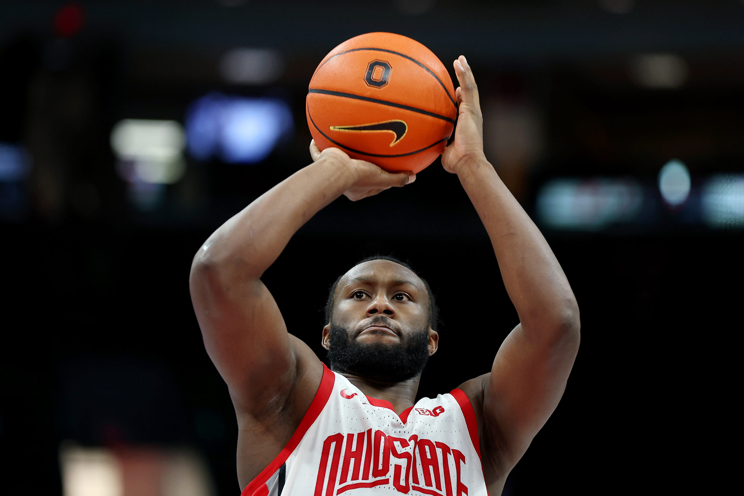 Nov 20, 2025; Columbus, Ohio, USA;  Ohio State Buckeyes guard Bruce Thornton (2) shoots a free throw during the second half against the Western Michigan Broncos at Value City Arena. Mandatory Credit: Joseph Maiorana-Imagn Images