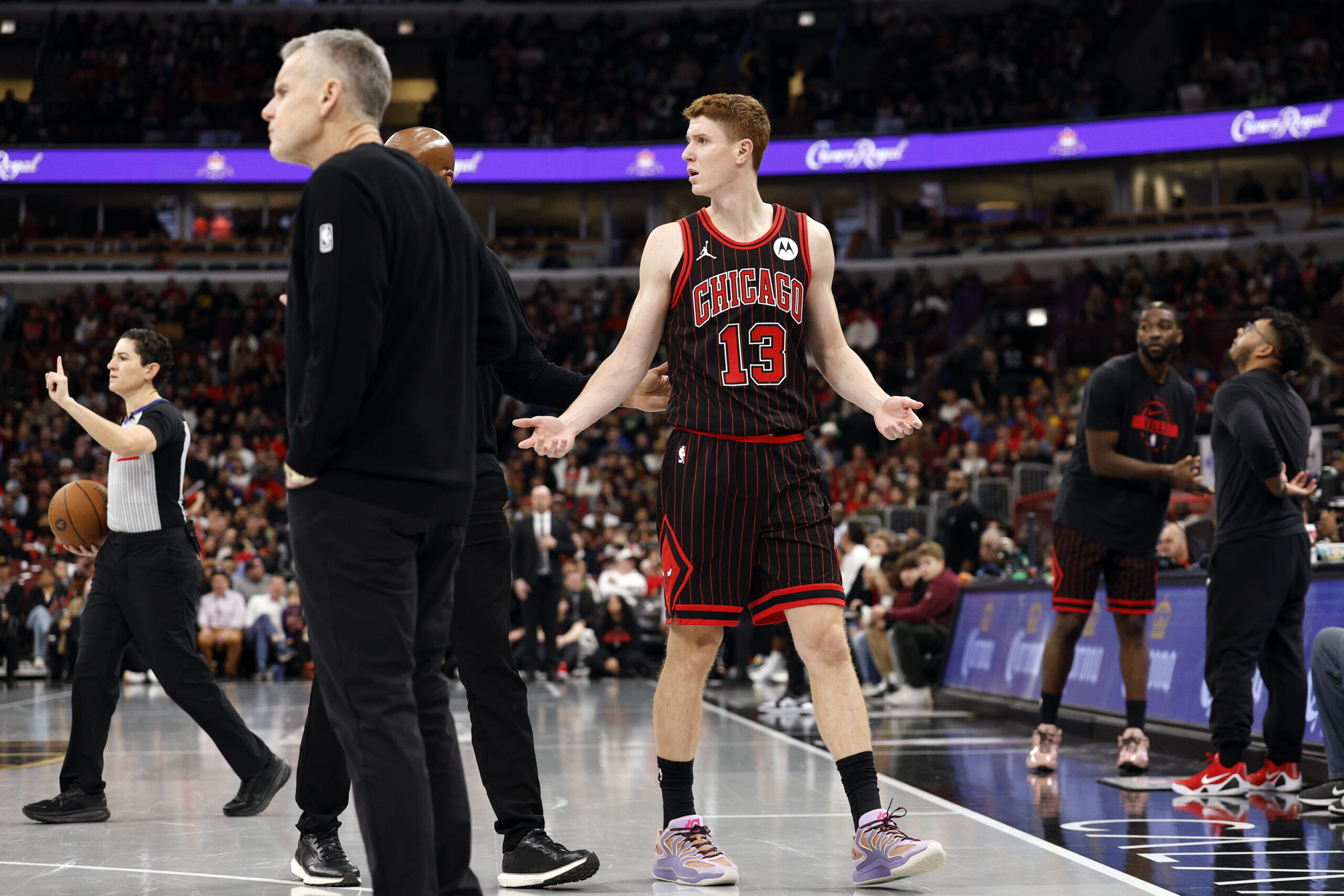 Nov 21, 2025; Chicago, Illinois, USA; Chicago Bulls guard Kevin Huerter (13) reacts after being ejected from the game against the Miami Heat during the second half at United Center. Mandatory Credit: Kamil Krzaczynski-Imagn Images