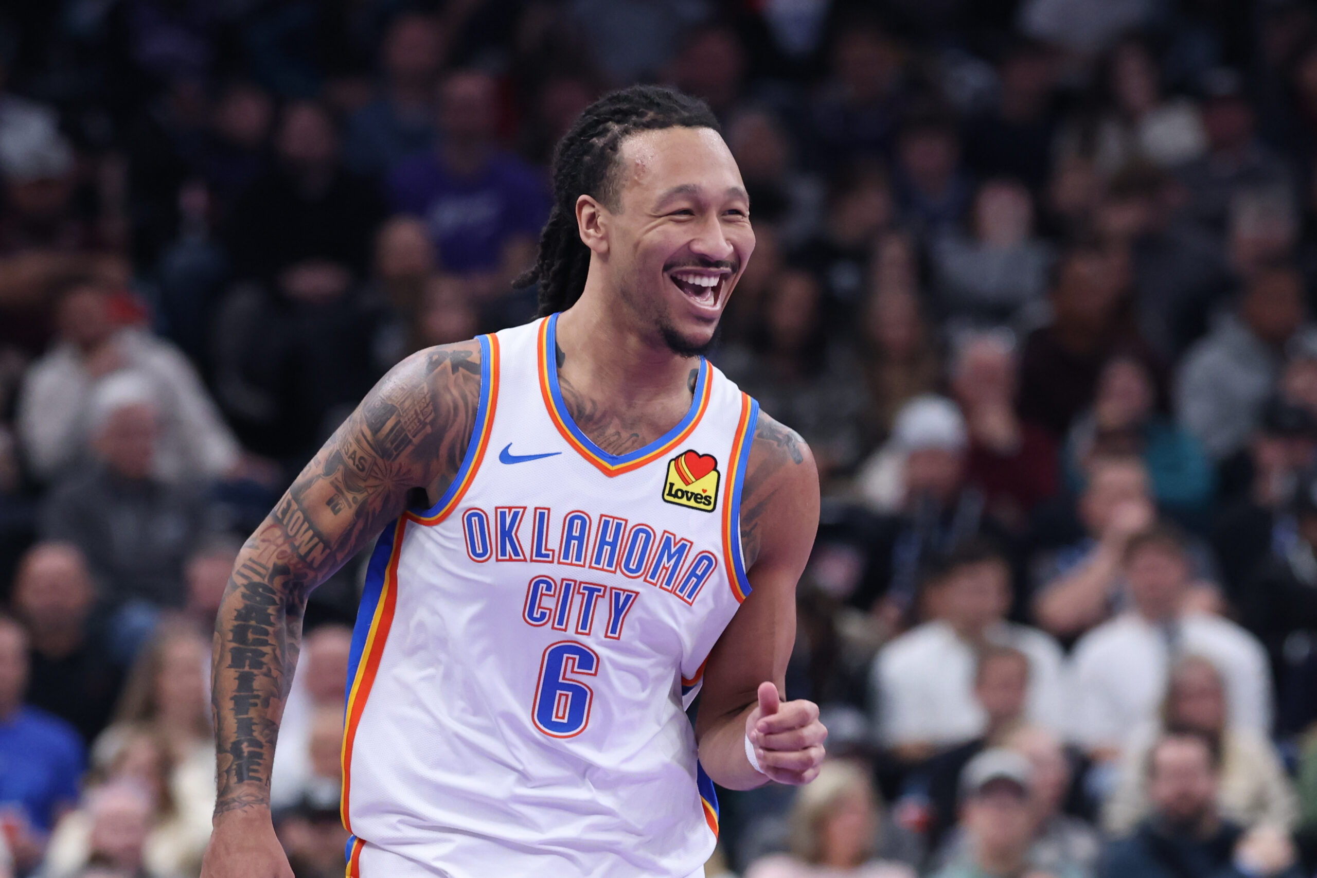 Nov 21, 2025; Salt Lake City, Utah, USA; Oklahoma City Thunder forward Jaylin Williams (6) reacts to a play against the Utah Jazz during the second half at Delta Center. Mandatory Credit: Rob Gray-Imagn Images