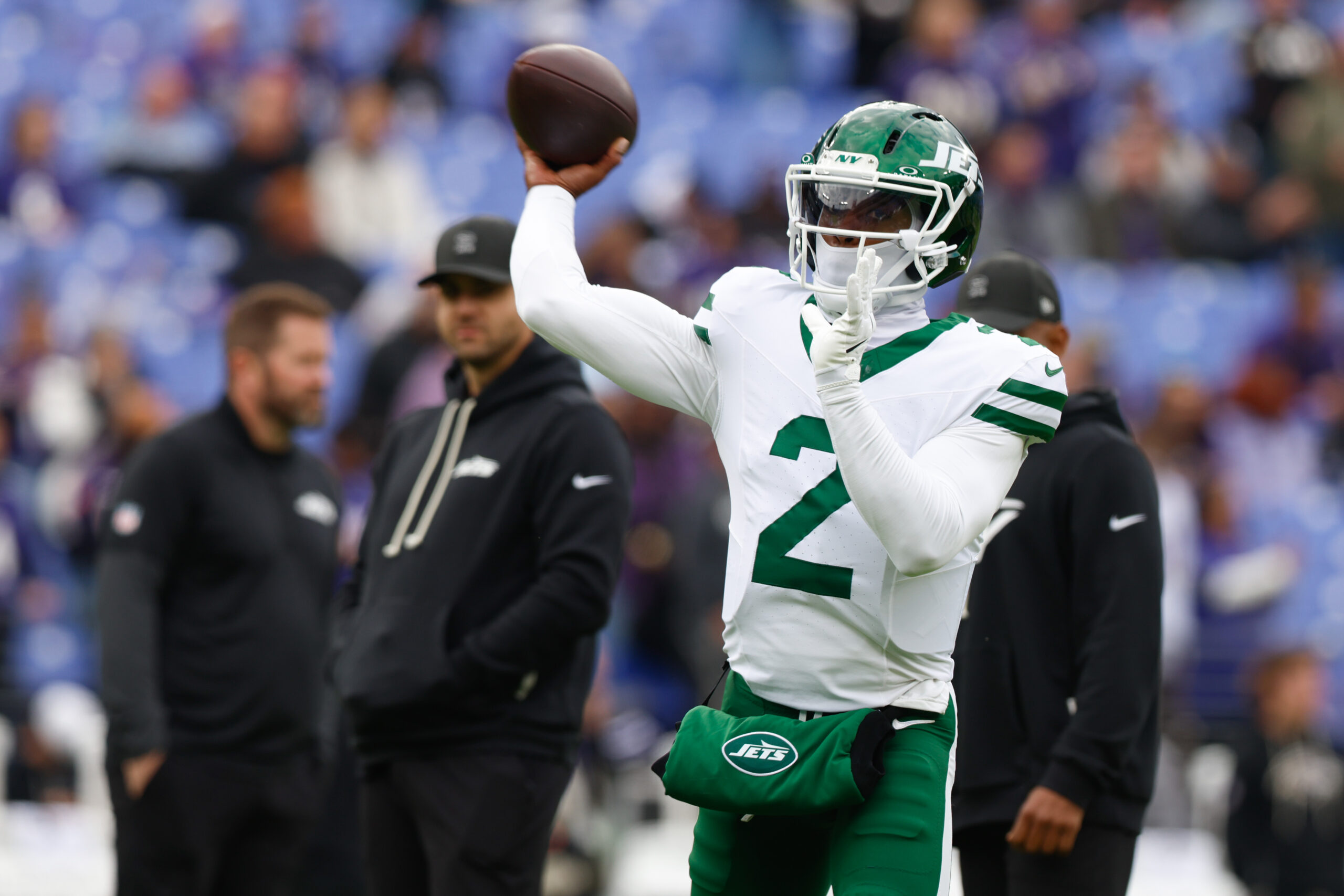 Nov 23, 2025; Baltimore, Maryland, USA; New York Jets quarterback Tyrod Taylor (2) warms up before the game against the Baltimore Ravens at M&T Bank Stadium. Mandatory Credit: Peter Casey-Imagn Images