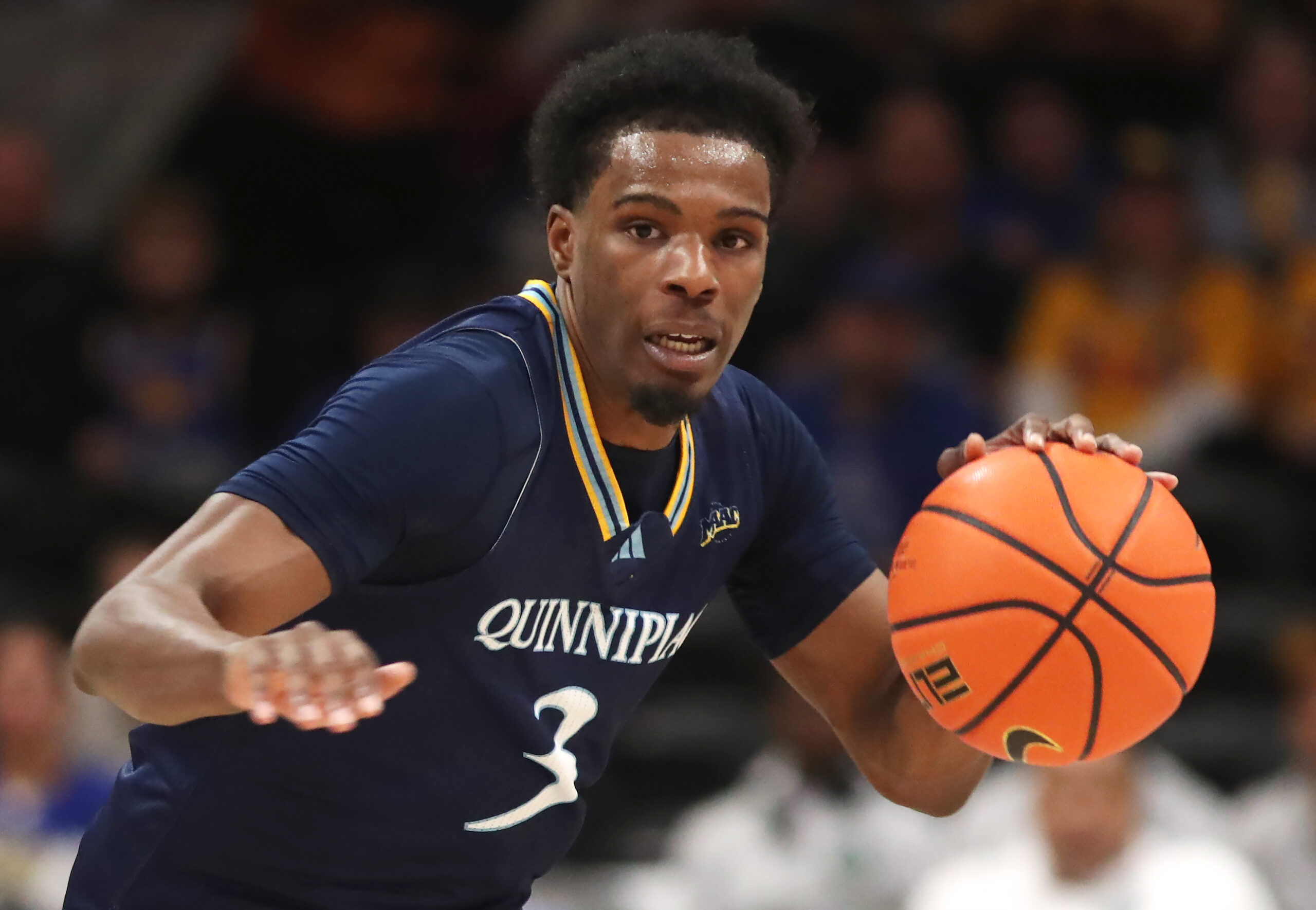 Nov 23, 2025; Pittsburgh, Pennsylvania, USA;  Quinnipiac Bobcats guard Asim Jones (3) dribbles the ball against the Pittsburgh Panthers during the second half at the Petersen Events Center. Mandatory Credit: Charles LeClaire-Imagn Images