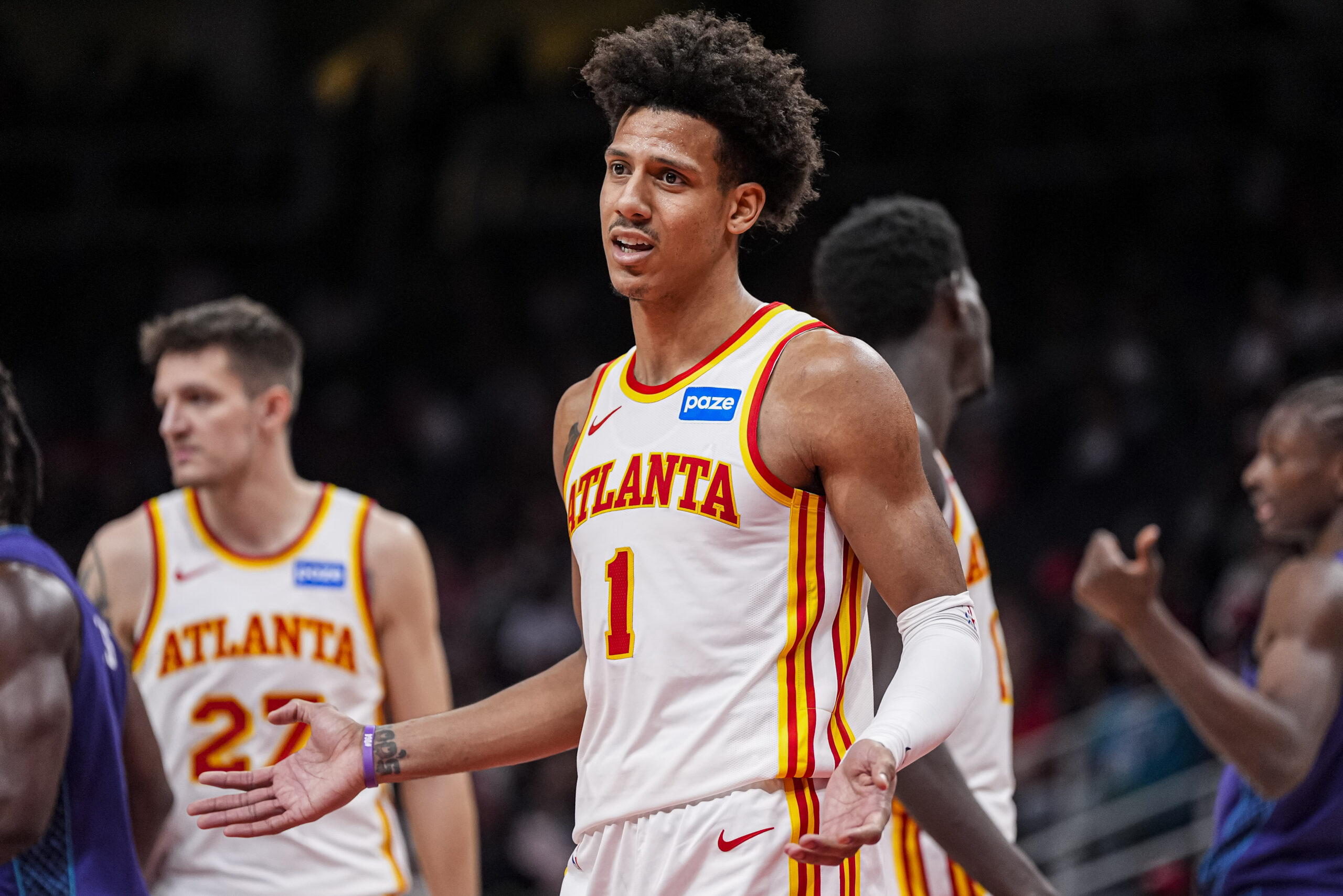 Nov 23, 2025; Atlanta, Georgia, USA; Atlanta Hawks forward Jalen Johnson (1) reacts to a call during the game against the Charlotte Hornets during the second half at State Farm Arena. Mandatory Credit: Dale Zanine-Imagn Images