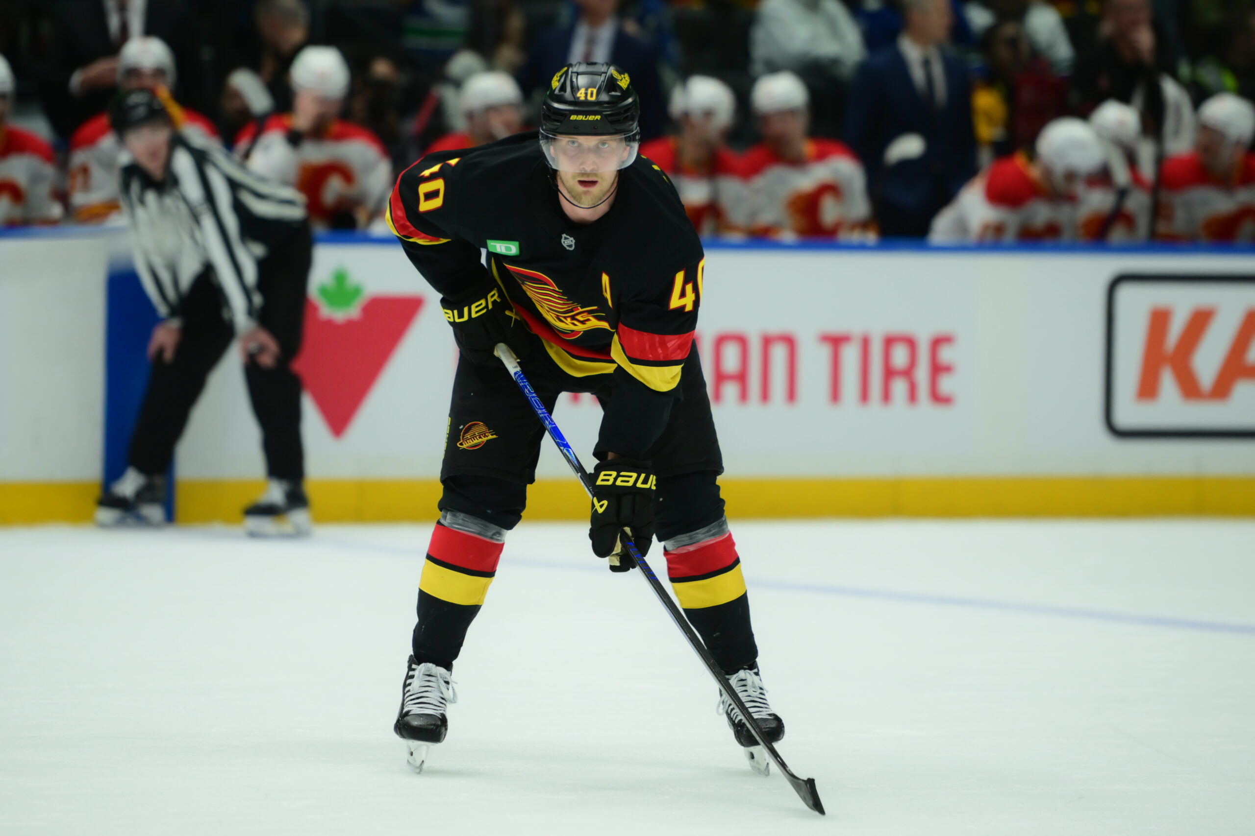 Nov 23, 2025; Vancouver, British Columbia, CAN; Vancouver Canucks center Elias Pettersson (40) awaits start of play during the third period against the Calgary Flames at Rogers Arena. Mandatory Credit: Simon Fearn-Imagn Images