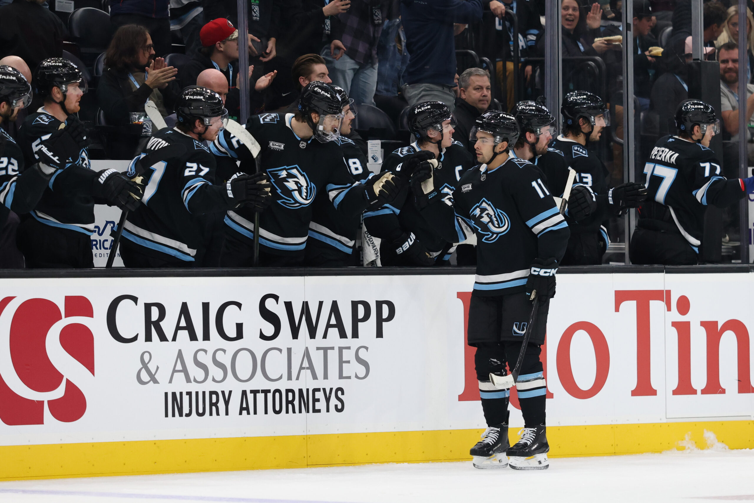 Nov 24, 2025; Salt Lake City, Utah, USA; The Utah Mammoth celebrate a goal by right wing Dylan Guenther (11) against the Vegas Golden Knights during the first period at Delta Center. Mandatory Credit: Rob Gray-Imagn Images