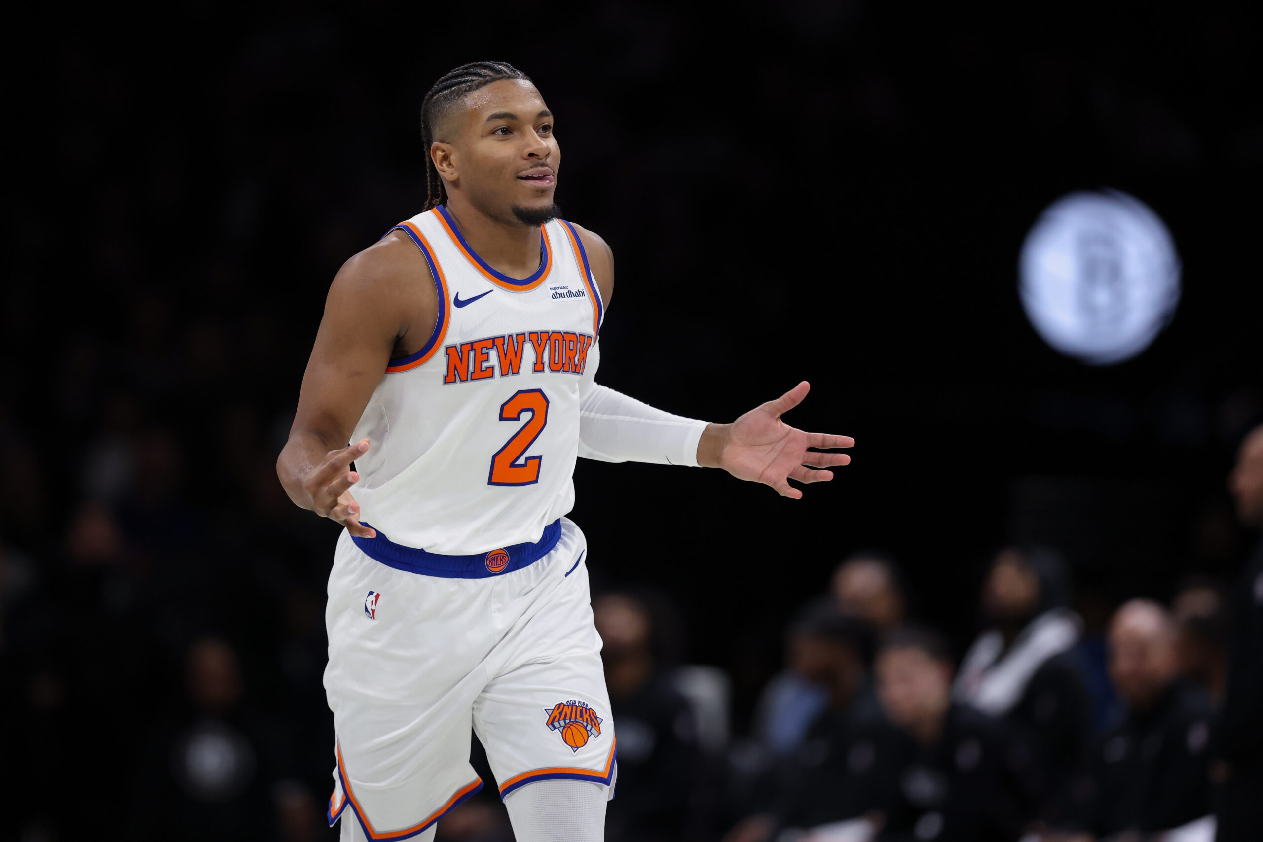 Nov 24, 2025; Brooklyn, New York, USA; New York Knicks guard Miles McBride (2) reacts after a basket against the Brooklyn Nets during the second half at Barclays Center. Mandatory Credit: Vincent Carchietta-Imagn Images