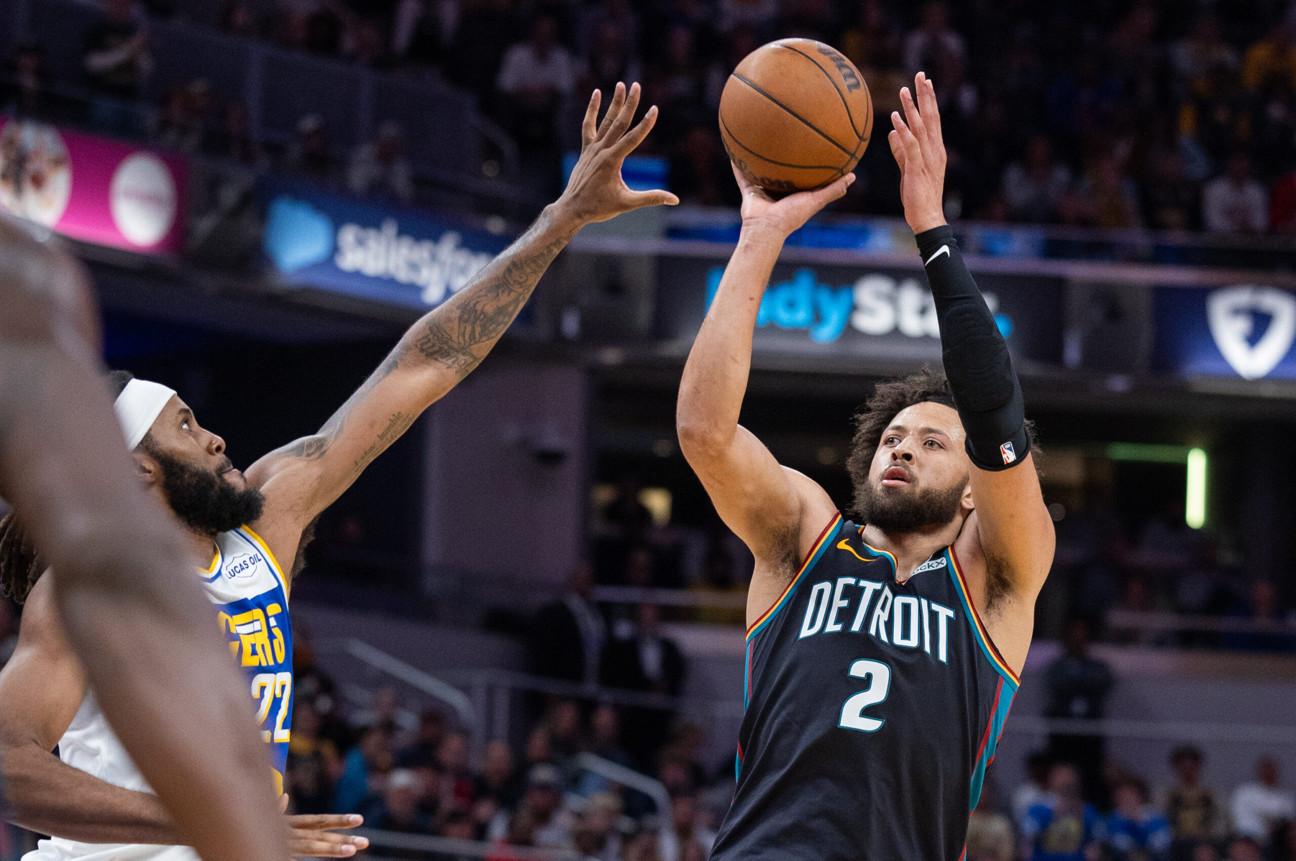 Nov 24, 2025; Indianapolis, Indiana, USA; Detroit Pistons guard Cade Cunningham (2) shoots the ball while Indiana Pacers forward Isaiah Jackson (22) defends in the second half at Gainbridge Fieldhouse. Mandatory Credit: Trevor Ruszkowski-Imagn Images