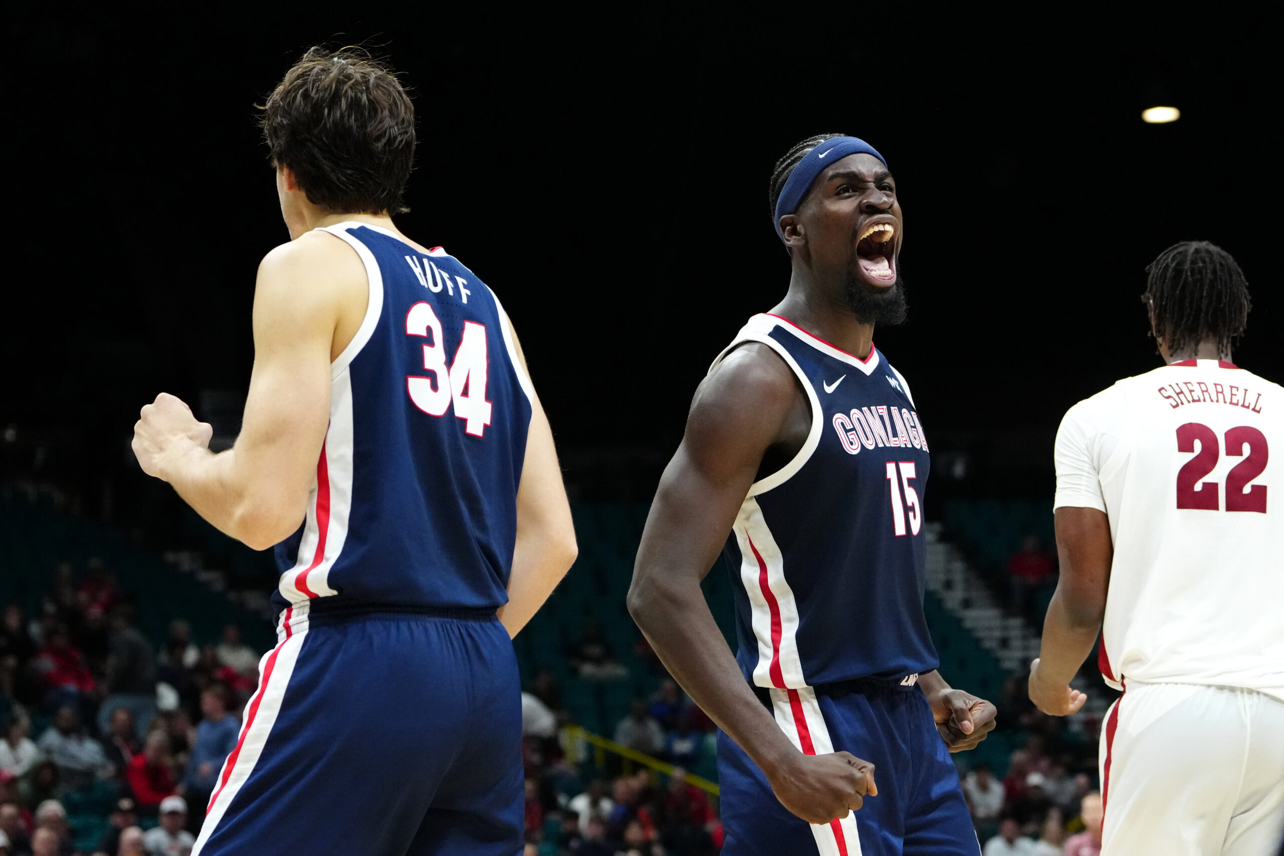 Nov 24, 2025; Las Vegas, Nevada, USA; Gonzaga Bulldogs forward Graham Ike (15) reacts during the first half against the Alabama Crimson Tide in a 2025 Players Era Festival group play game at MGM Grand Garden Arena. Mandatory Credit: Stephen R. Sylvanie-Imagn Images