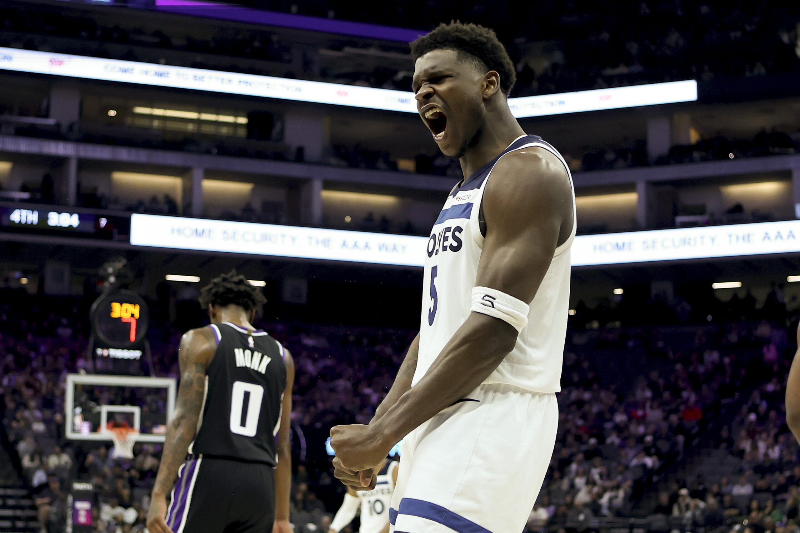 Nov 24, 2025; Sacramento, California, USA; Minnesota Timberwolves guard Anthony Edwards (5) reacts after getting fouled against the Sacramento Kings during the fourth quarter at Golden 1 Center. Mandatory Credit: Dennis Lee-Imagn Images