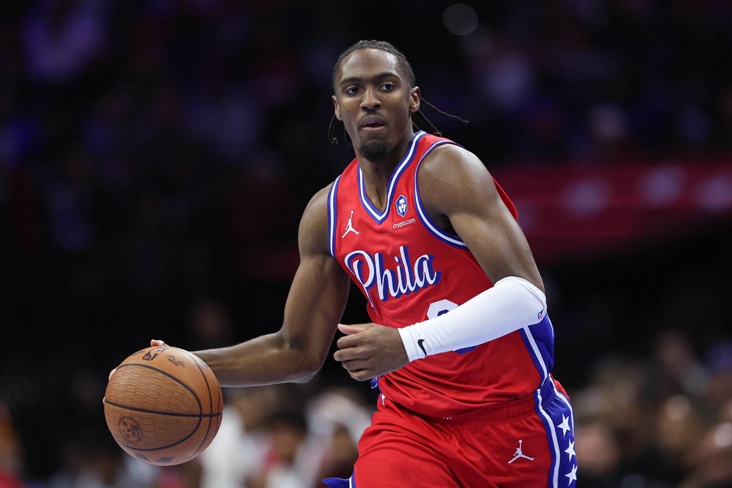 Nov 25, 2025; Philadelphia, Pennsylvania, USA; Philadelphia 76ers guard Tyrese Maxey (0) dribbles the ball against the Orlando Magic] during the third quarter at Xfinity Mobile Arena. Mandatory Credit: Bill Streicher-Imagn Images