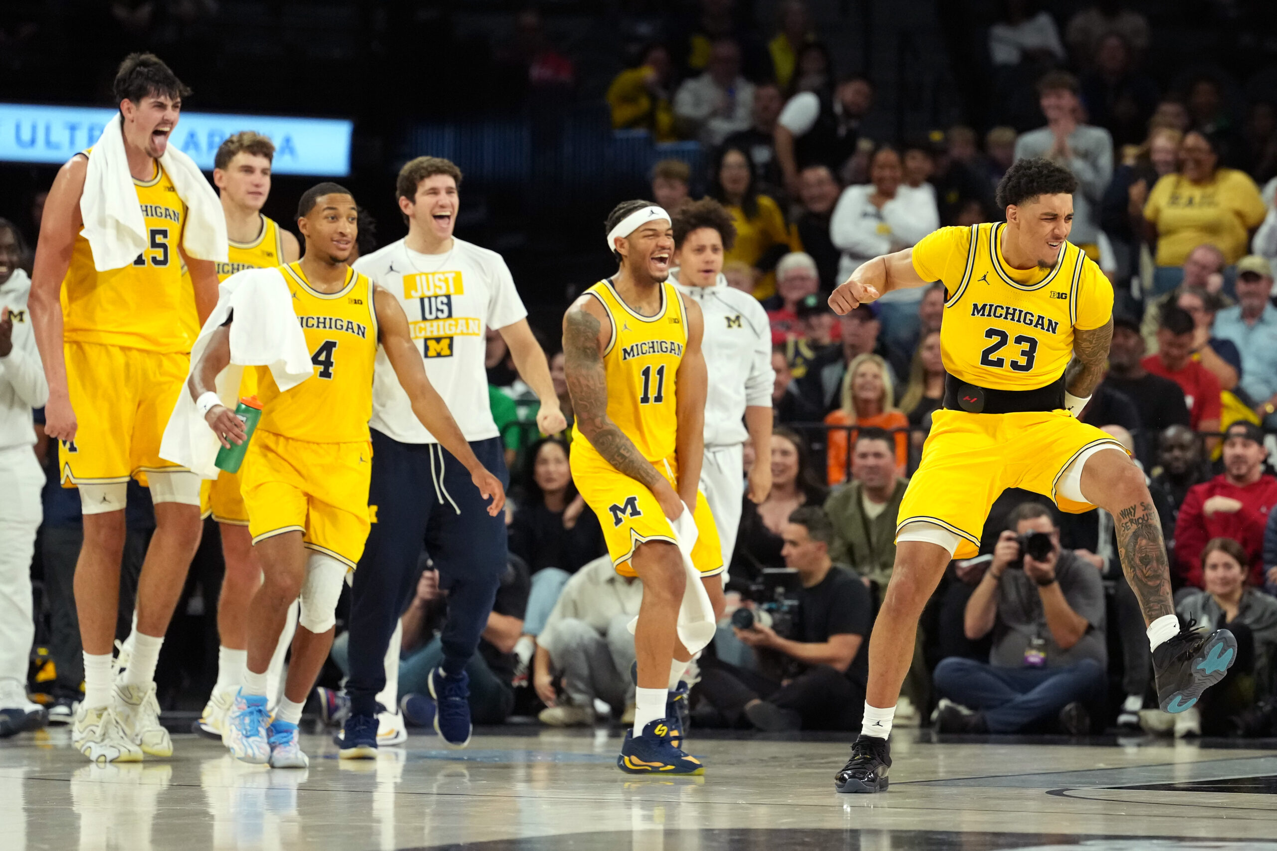 Nov 25, 2025; Las Vegas, NV, USA; Michigan Wolverines forward Yaxel Lendeborg (23) reacts during the second half in a 2025 Players Era Festival group play game against the Auburn Tigers at Michelob ULTRA Arena. Mandatory Credit: Kirby Lee-Imagn Images