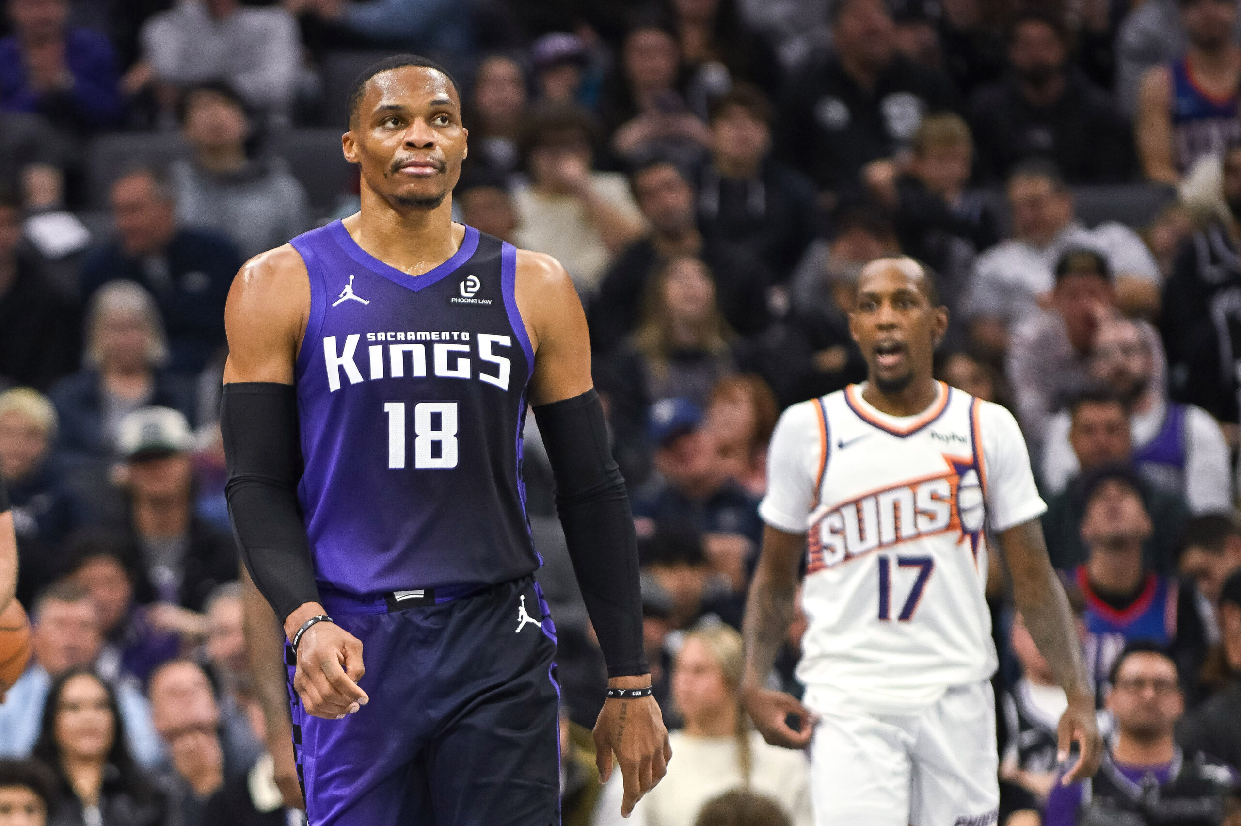 Nov 26, 2025; Sacramento, California, USA; Sacramento Kings guard Russell Westbrook (18) reacts to a call during the second quarter of the game against the Phoenix Suns at Golden 1 Center. Mandatory Credit: Ed Szczepanski-Imagn Images