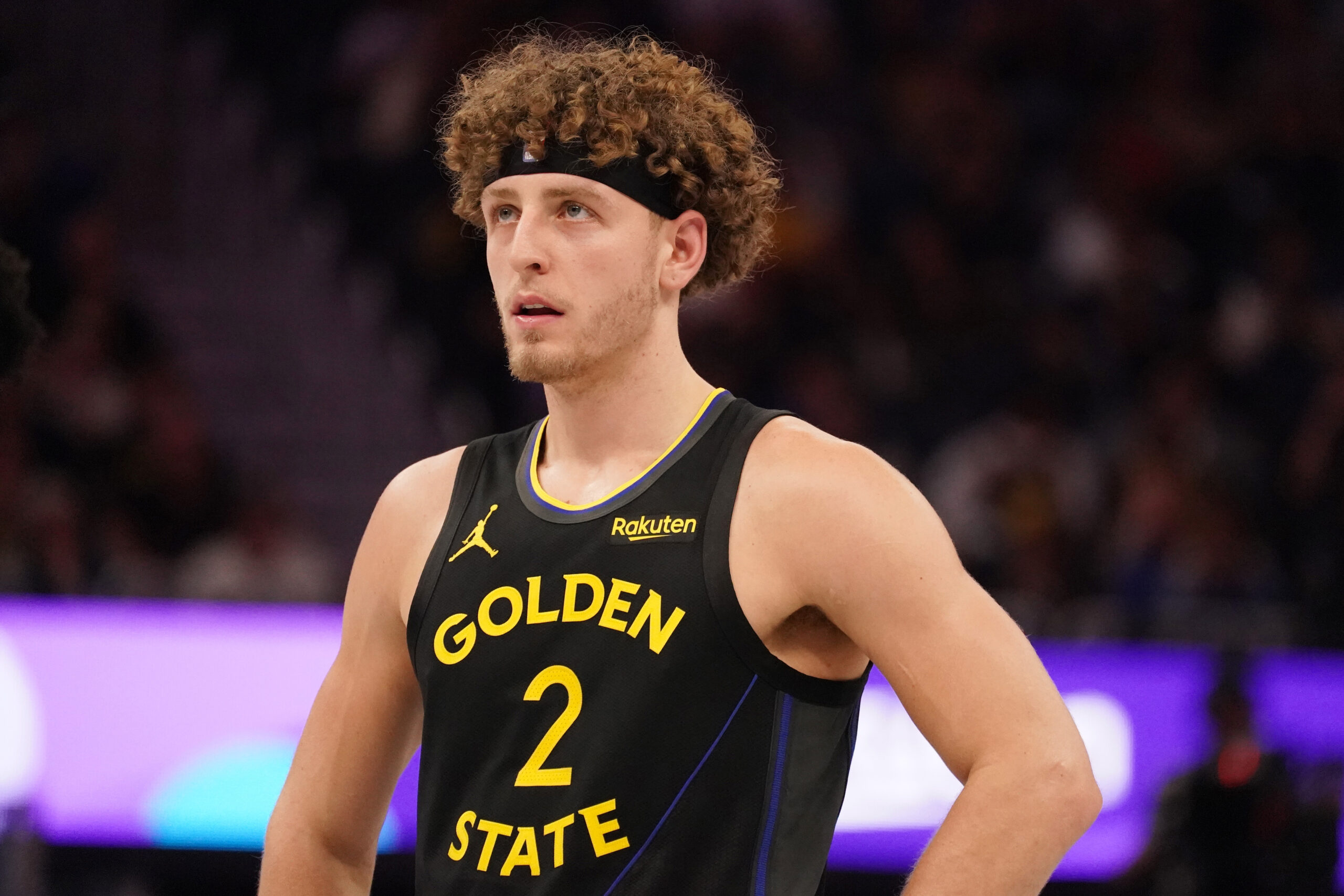 Nov 26, 2025; San Francisco, California, USA;  Golden State Warriors guard Brandin Podziemski (2) waits for play to resume against the Houston Rockets in the third quarter at Chase Center. Mandatory Credit: David Gonzales-Imagn Images