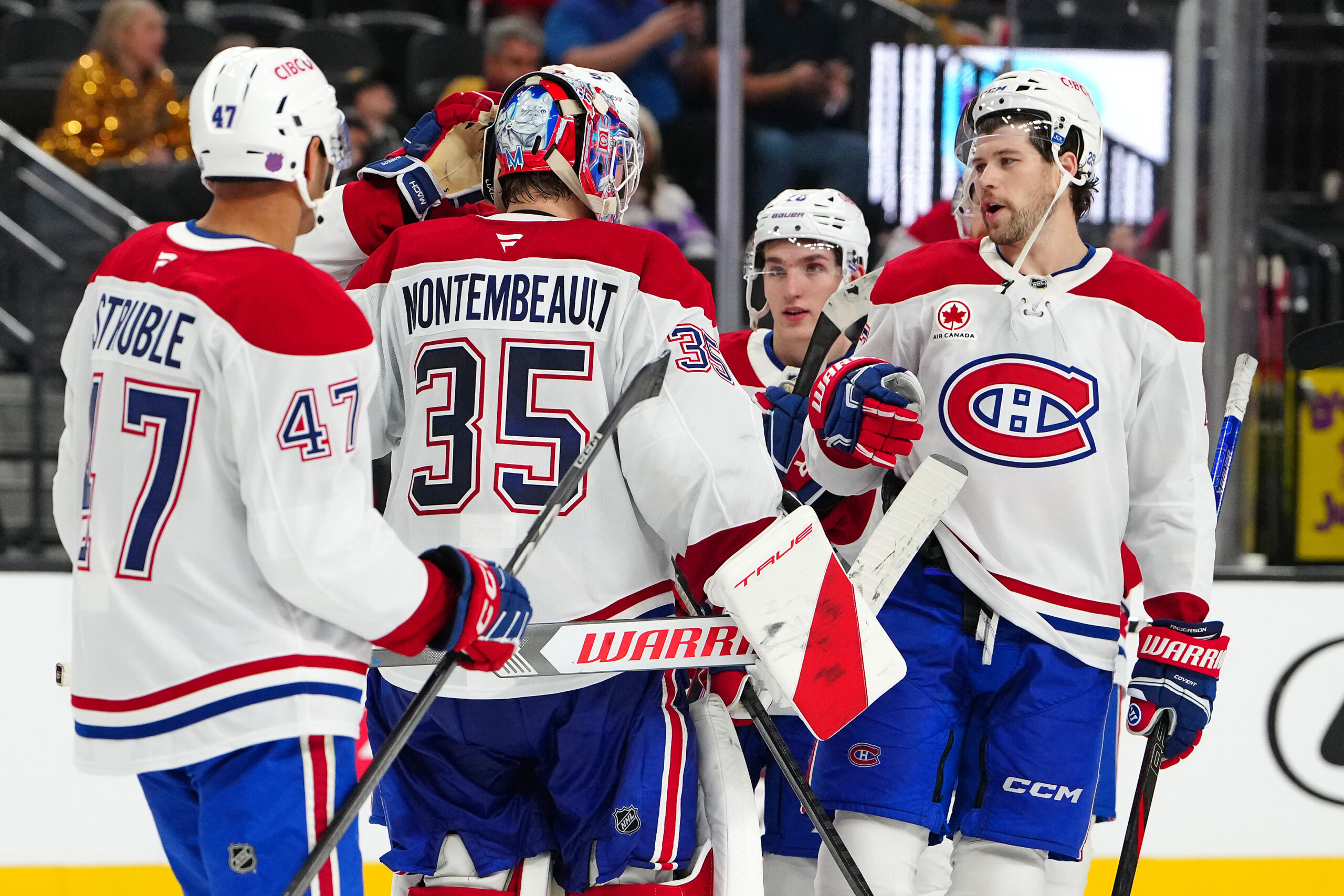Nov 28, 2025; Las Vegas, Nevada, USA; Montréal Canadiens goaltender Sam Montembeault (35) celebrates with team mates after the Canadiens defeated the Vegas Golden Knights 4-1 at T-Mobile Arena. Mandatory Credit: Stephen R. Sylvanie-Imagn Images