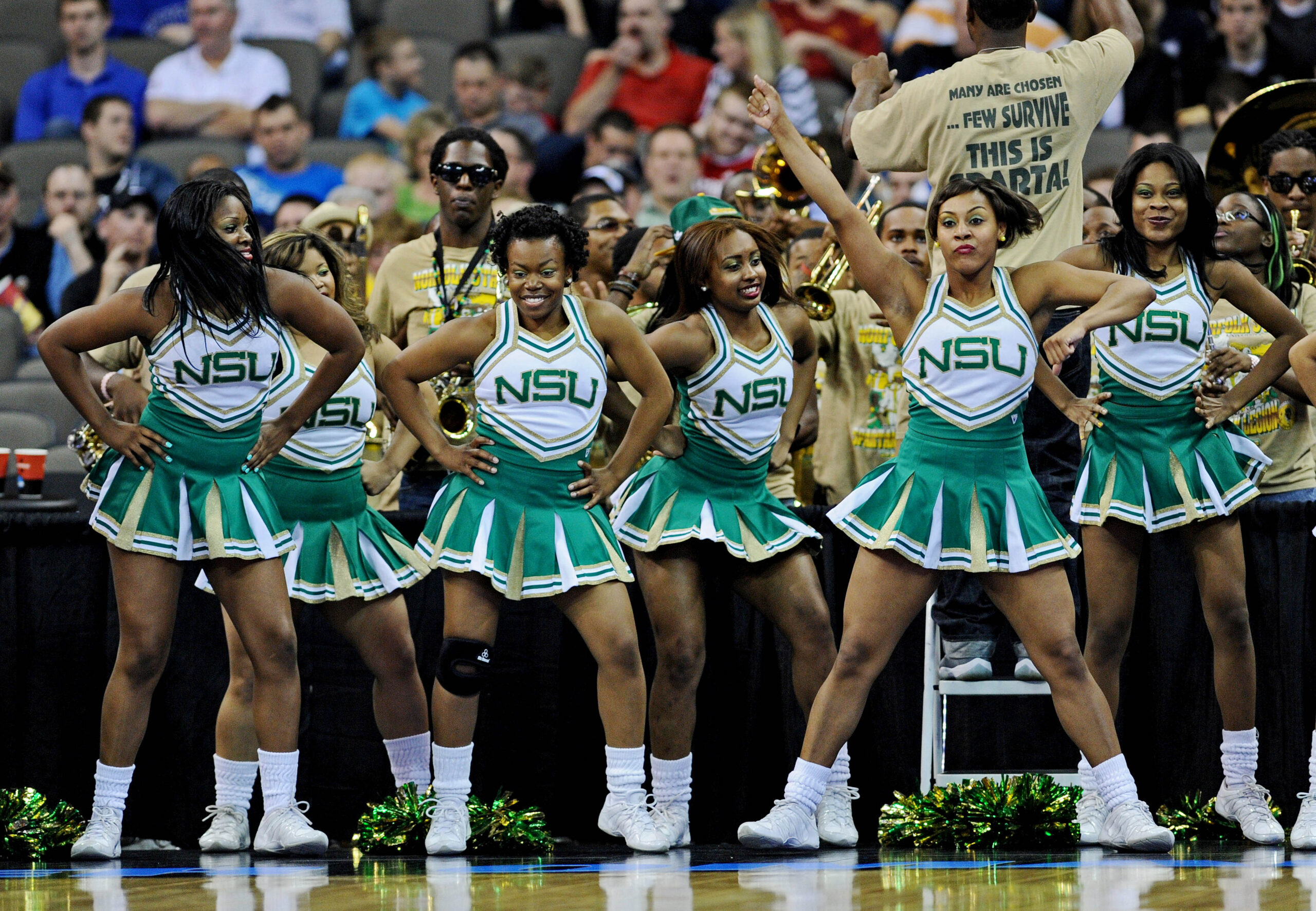 Mar 16, 2012; Omaha, NE, USA; The Norfolk State Spartans cheerleaders perform during a game a game against the Missouri Tigers in the second round of the 2012 NCAA men's basketball tournament at the Century Link Center. Norfolk State defeated Missouri 86-84. Mandatory Credit: Peter G. Aiken-Imagn Images