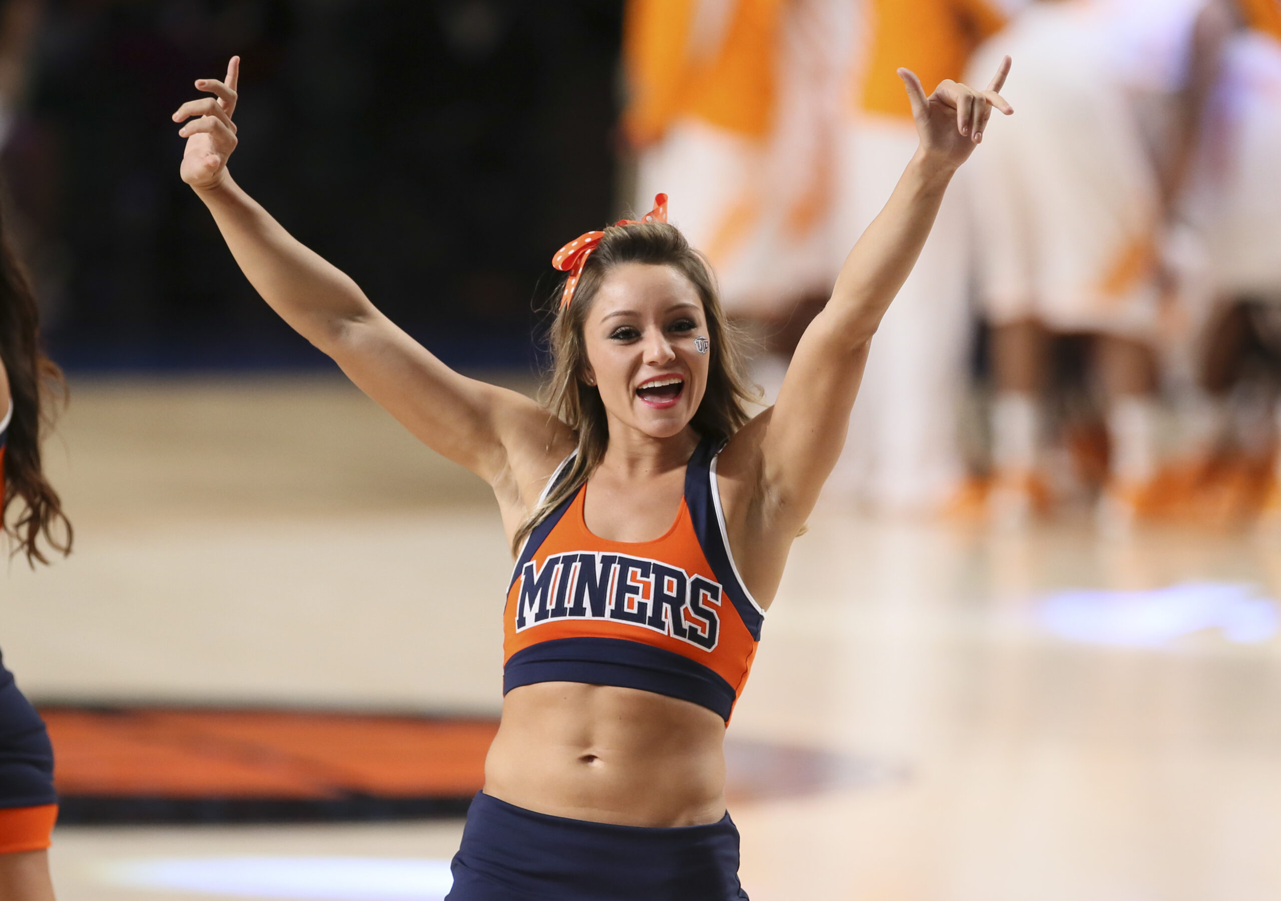 Nov 28, 2013; Paradise Island, BAHAMAS; UTEP Miners cheerleader performs during the game against the Tennessee Volunteers at the 2013 Battle 4 Atlantis in the Imperial Arena at the Atlantis Resort. Mandatory Credit: Kevin Jairaj-Imagn Images