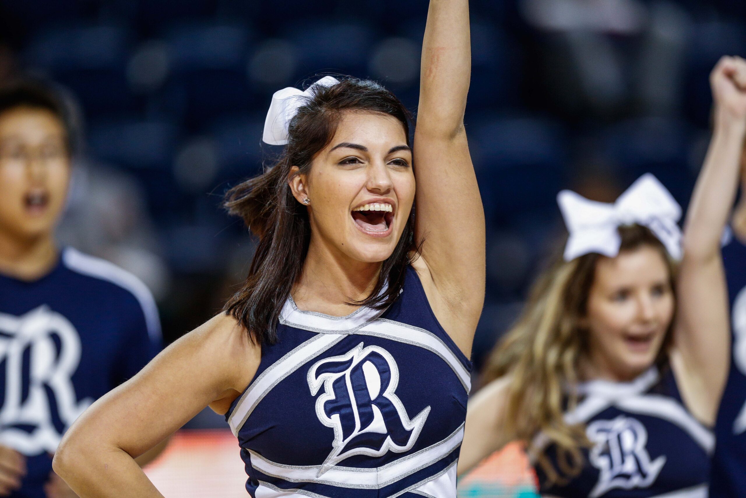 Jan 22, 2015; Houston, TX, USA; Rice Owls cheerleaders perform during the game against the Southern Miss Golden Eagles at Tudor Fieldhouse. Mandatory Credit: Troy Taormina-Imagn Images