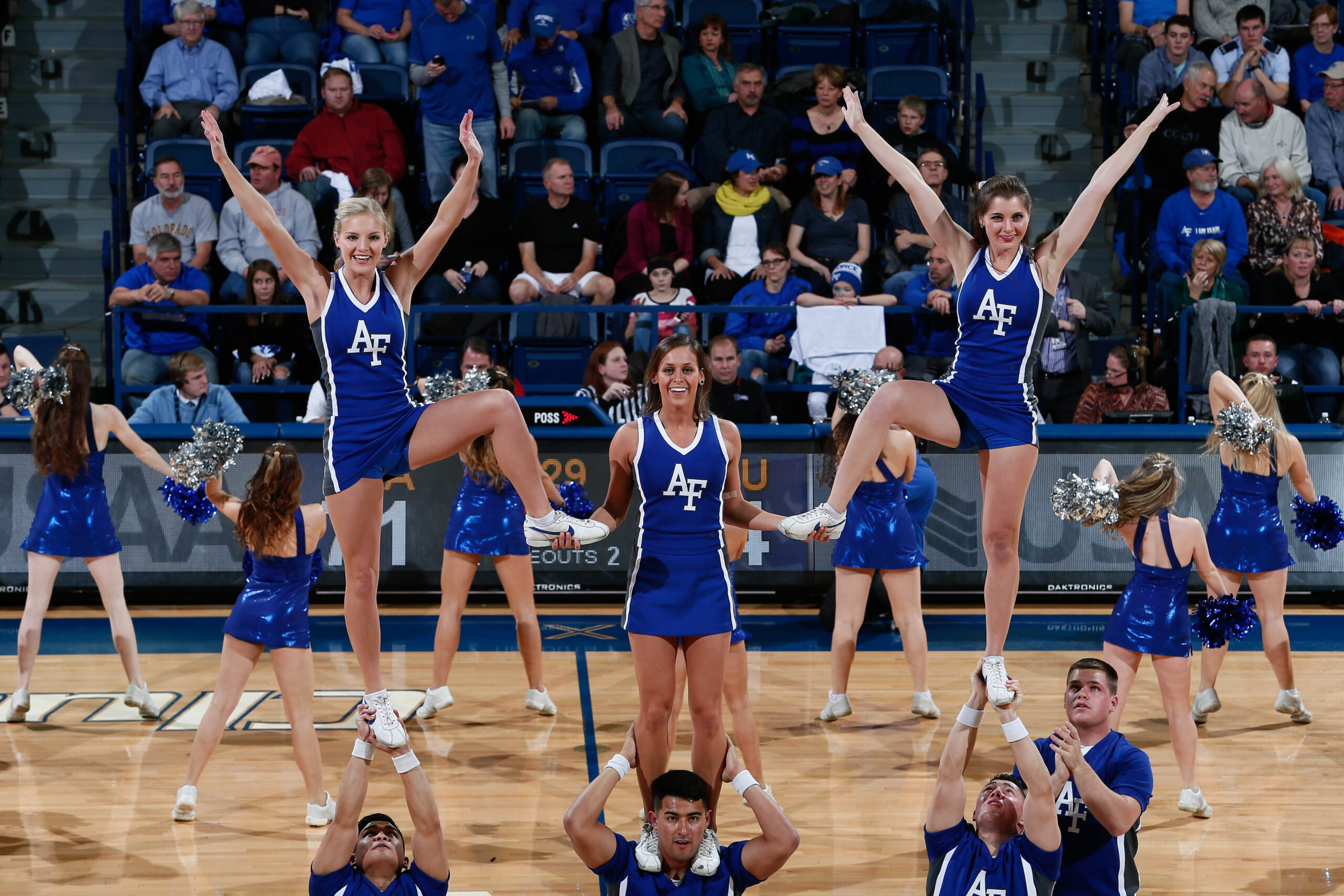 Jan 20, 2016; Colorado Springs, CO, USA; Air Force Falcons cheerleaders perform in the second half against the Air Force Falcons at Clune Arena. Mandatory Credit: Isaiah J. Downing-Imagn Images