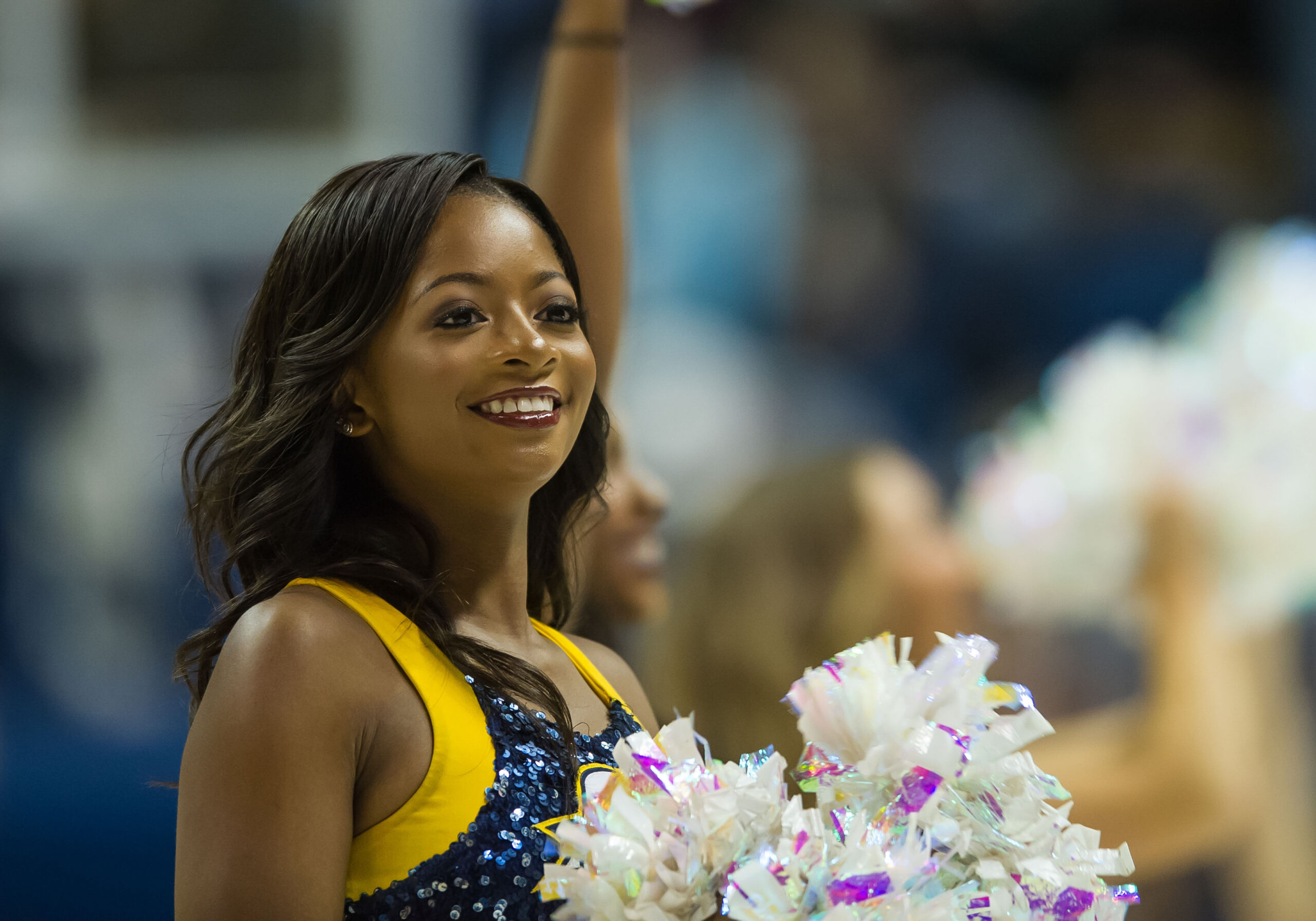 Dec 27, 2016; Chattanooga, TN, USA; Chattanooga Lady Mocs cheerleader cheering before a game against the Notre Dame Fighting Irish at McKenzie Arena. Mandatory Credit: Bryan Lynn-Imagn Images