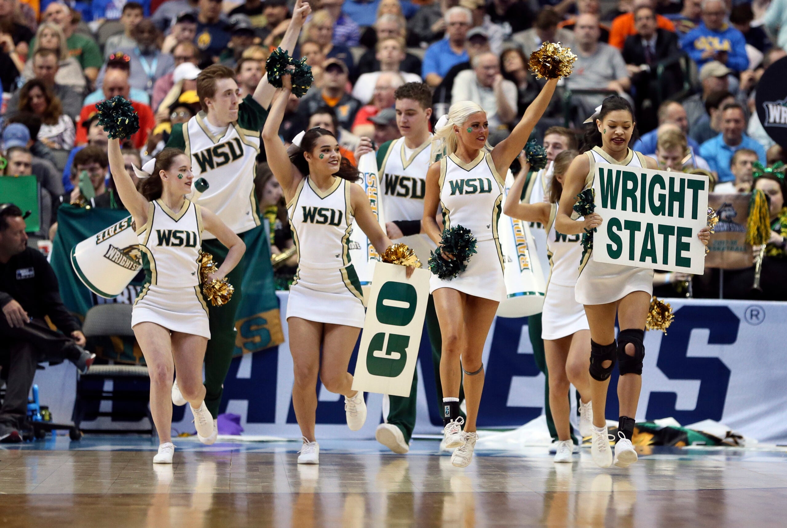 Mar 15, 2018; Dallas, TX, USA; Wright State Raiders cheerleaders perform during the second half against the Tennessee Volunteers in the first round of the 2018 NCAA Tournament at American Airlines Center. Mandatory Credit: Matthew Emmons-Imagn Images