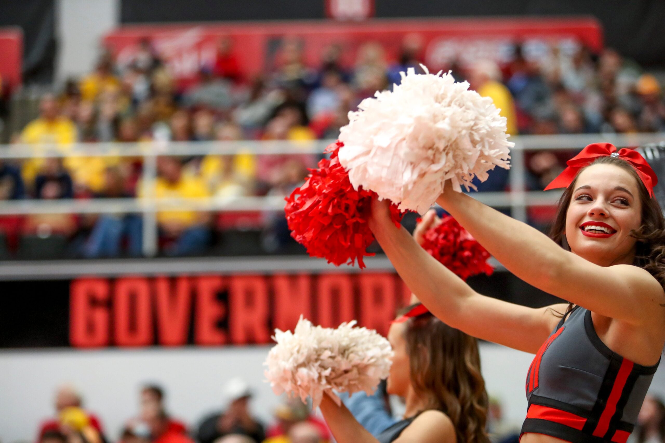 Austin Peay cheerleaders cheer and look back to the crowd during an OVC conference basketball game between the Austin Peay Governors and Murray State Racers at the APSU Dunn Center in Clarksville, Tenn., on Thursday, Feb. 13, 2020.
Hpt Austin Peay Murray State Basketball 37