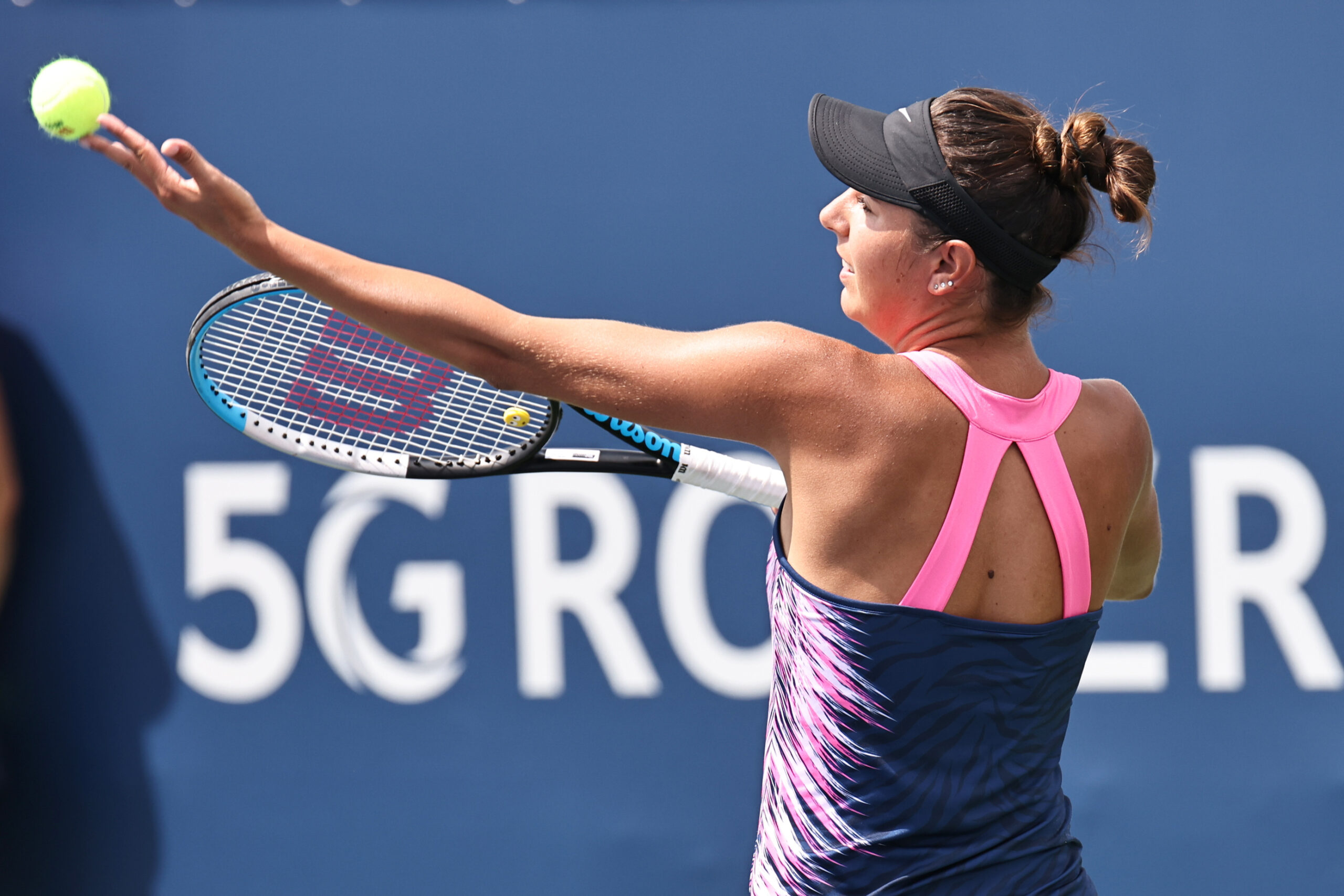 Aug 11, 2021; Montreal, Quebec, Canada; Oceane Dodin from France serves against Amanda Anisimova from USA (not pictured) during the second round play at Stade IGA. Mandatory Credit: Jean-Yves Ahern-Imagn Images