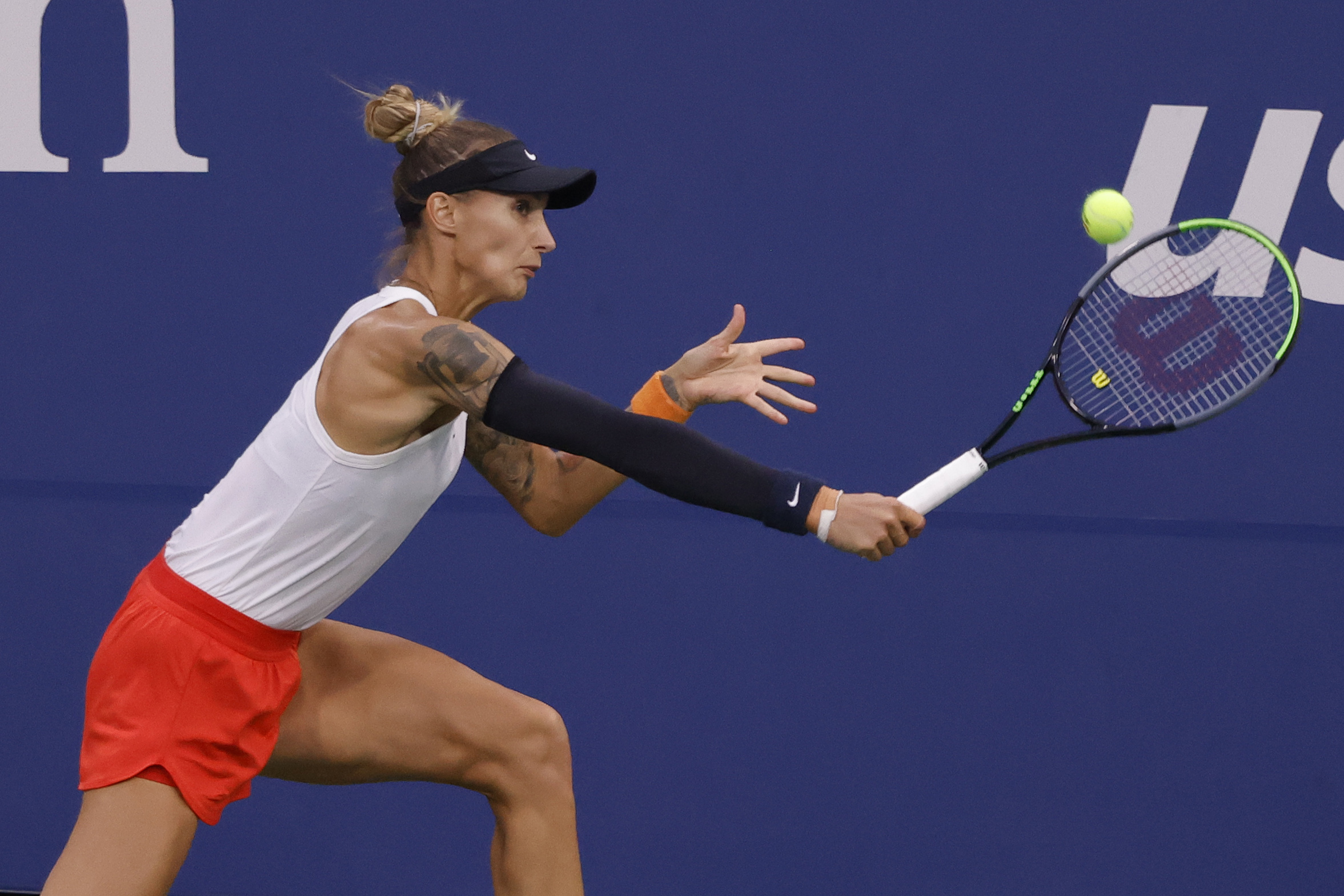 Aug 31, 2021; Flushing, NY, USA; Polona Hercog of Slovenia hits a backhand against Petra Kvitova of Czech Republic (not pictured) on day two of the 2021 U.S. Open tennis tournament at USTA Billie King National Tennis Center. Mandatory Credit: Geoff Burke-Imagn Images