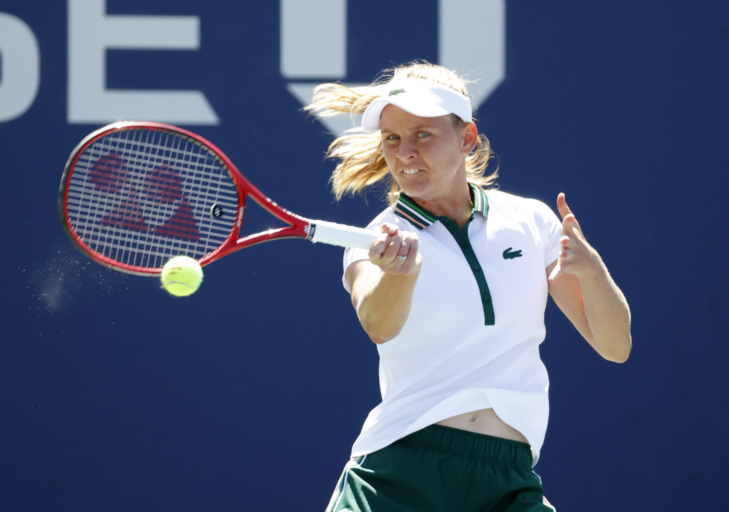 Sep 2, 2021; Flushing, NY, USA; Fiona Ferro of France hits a shot against Iga Swiatek of Poland in a second round match on day four of the 2021 U.S. Open tennis tournament at USTA Billie Jean King National Tennis Center. Mandatory Credit: Jerry Lai-Imagn Images