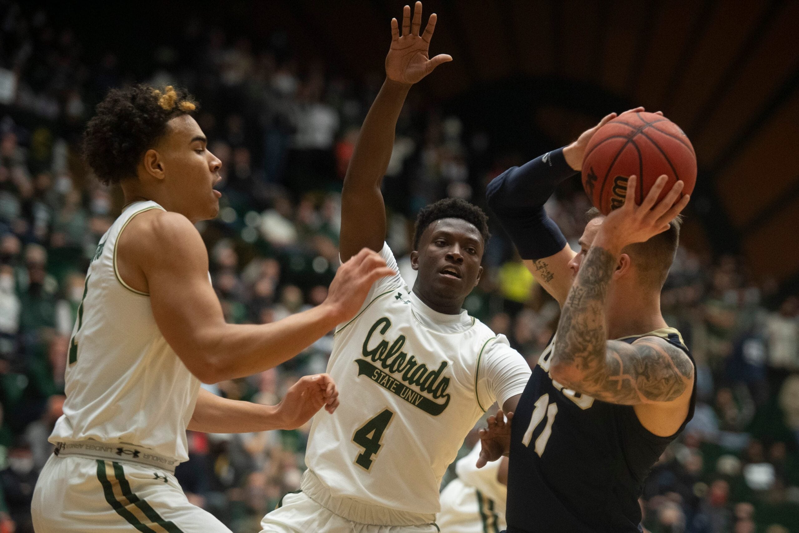 CSU's John Tonje and Isaiah Stevens defend the net against Oral Roberts' Carlos Jurgens during the men's basketball season opener on Tuesday, Nov. 9, 2021, at Moby Arena in Fort Collins.
Ftc 1109 Ja Csu Or Mbball 006