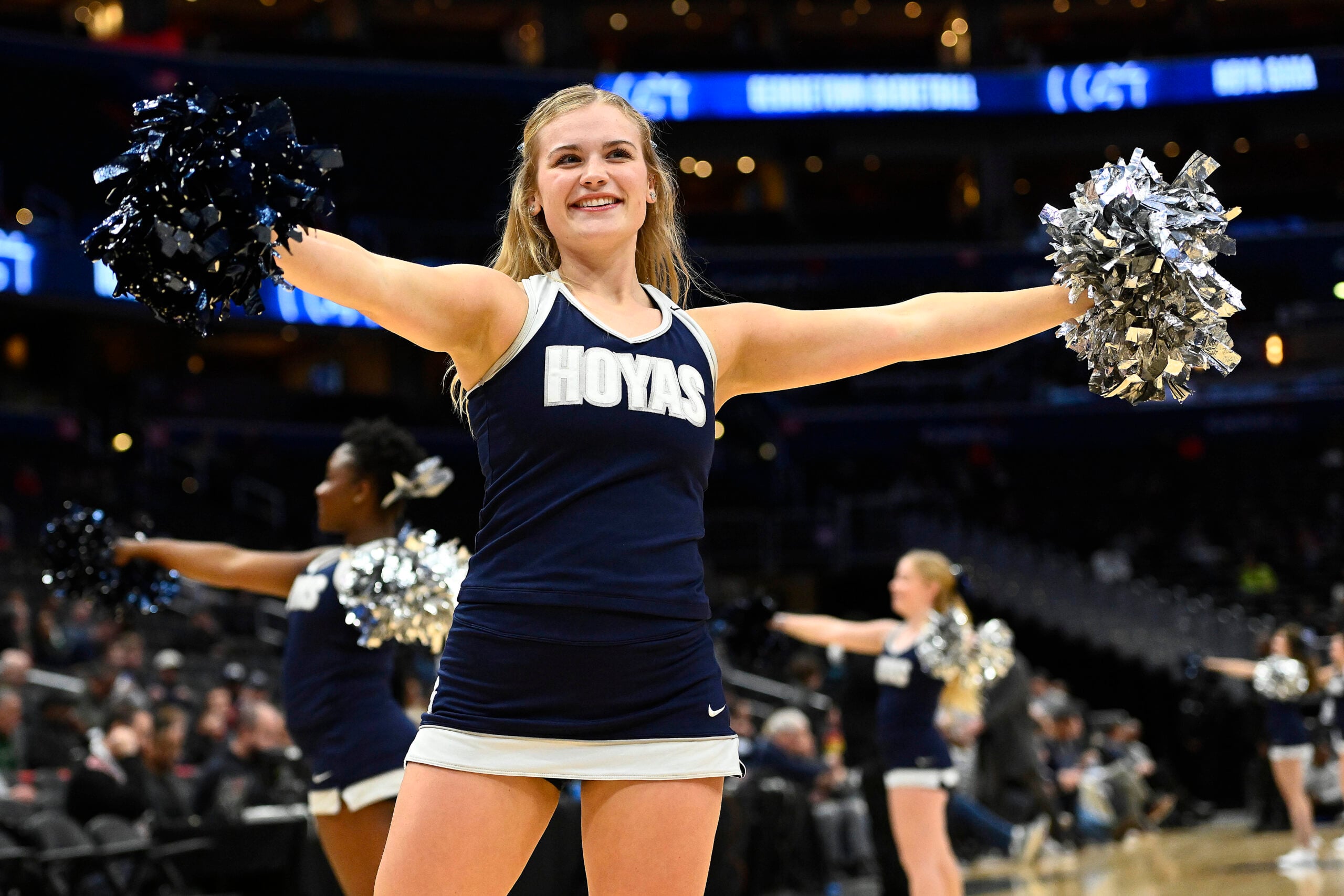 Dec 16, 2022; Washington, District of Columbia, USA; Georgetown Hoyas cheerleader on the court against the Xavier Musketeers during the first half at Capital One Arena. Mandatory Credit: Brad Mills-Imagn Images