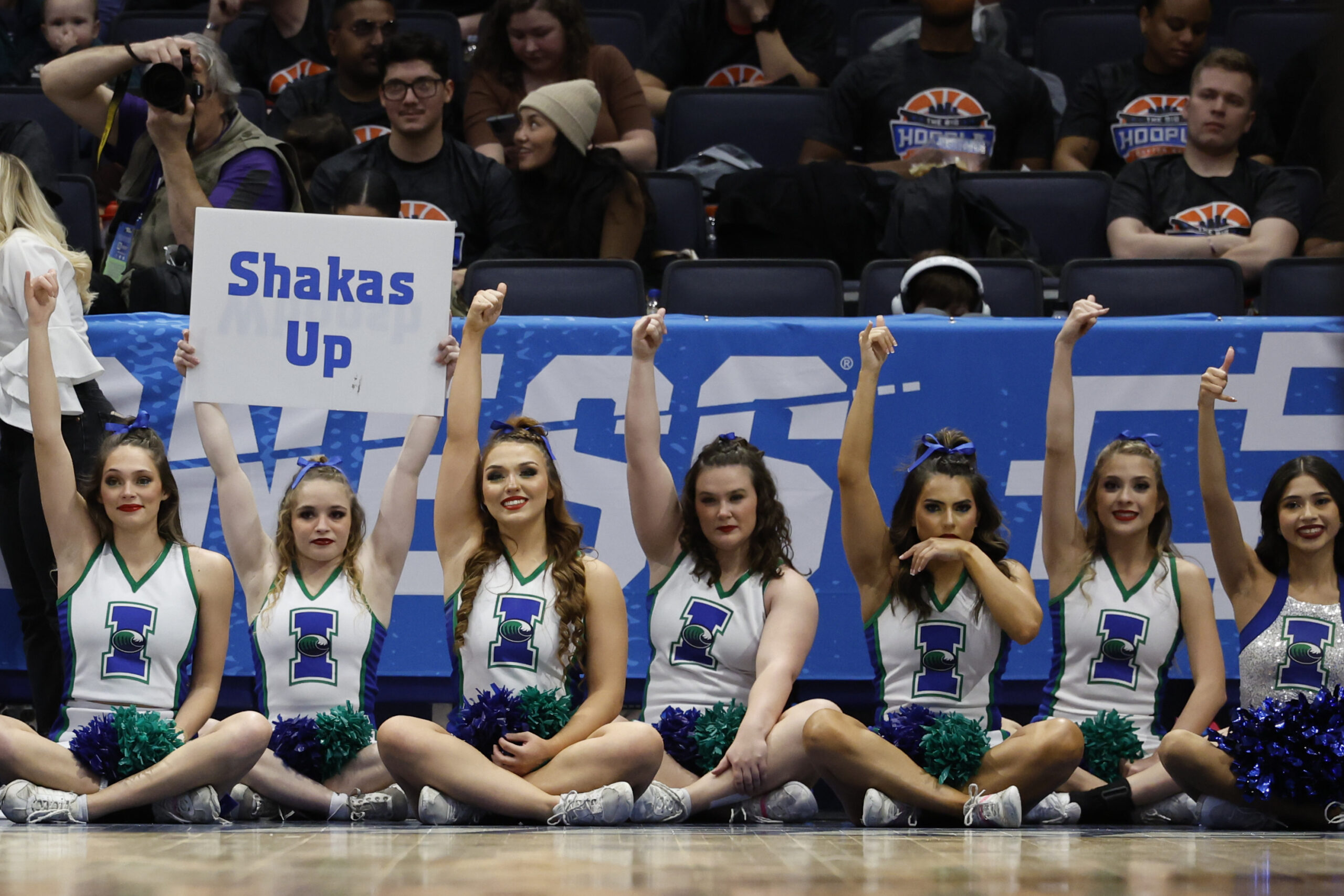Mar 14, 2023; Dayton, OH, USA; Texas A&M-CC Islanders cheerleaders in the first half against the Southeast Missouri State Redhawks at UD Arena. Mandatory Credit: Rick Osentoski-Imagn Images