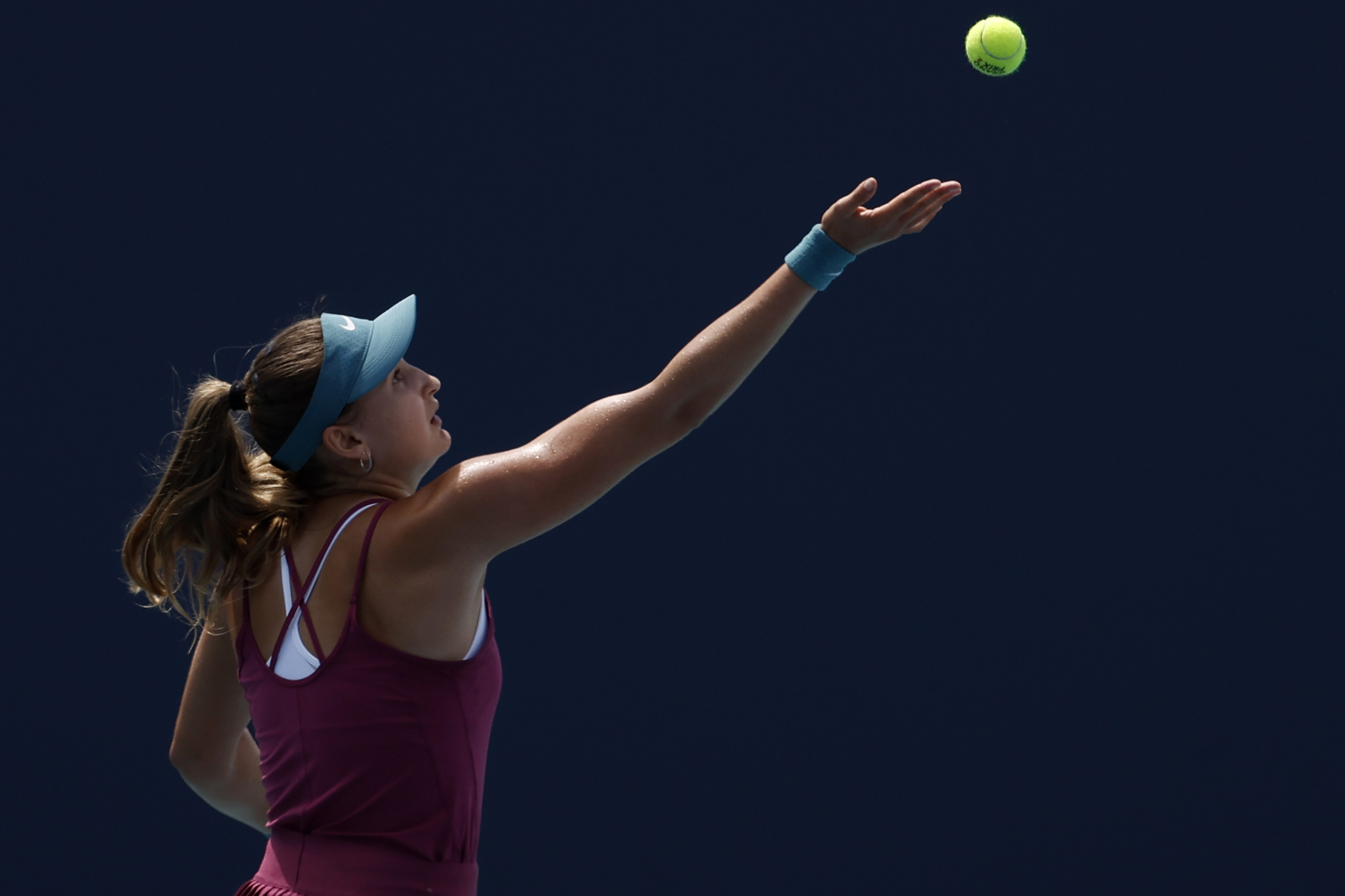 Mar 21, 2023; Miami, Florida, US; Victoria Jimenez Kasintseva (ROU) serves against Anna Kalinskaya (not pictured) on day two of the Miami Open at Hard Rock Stadium. Mandatory Credit: Geoff Burke-Imagn Images