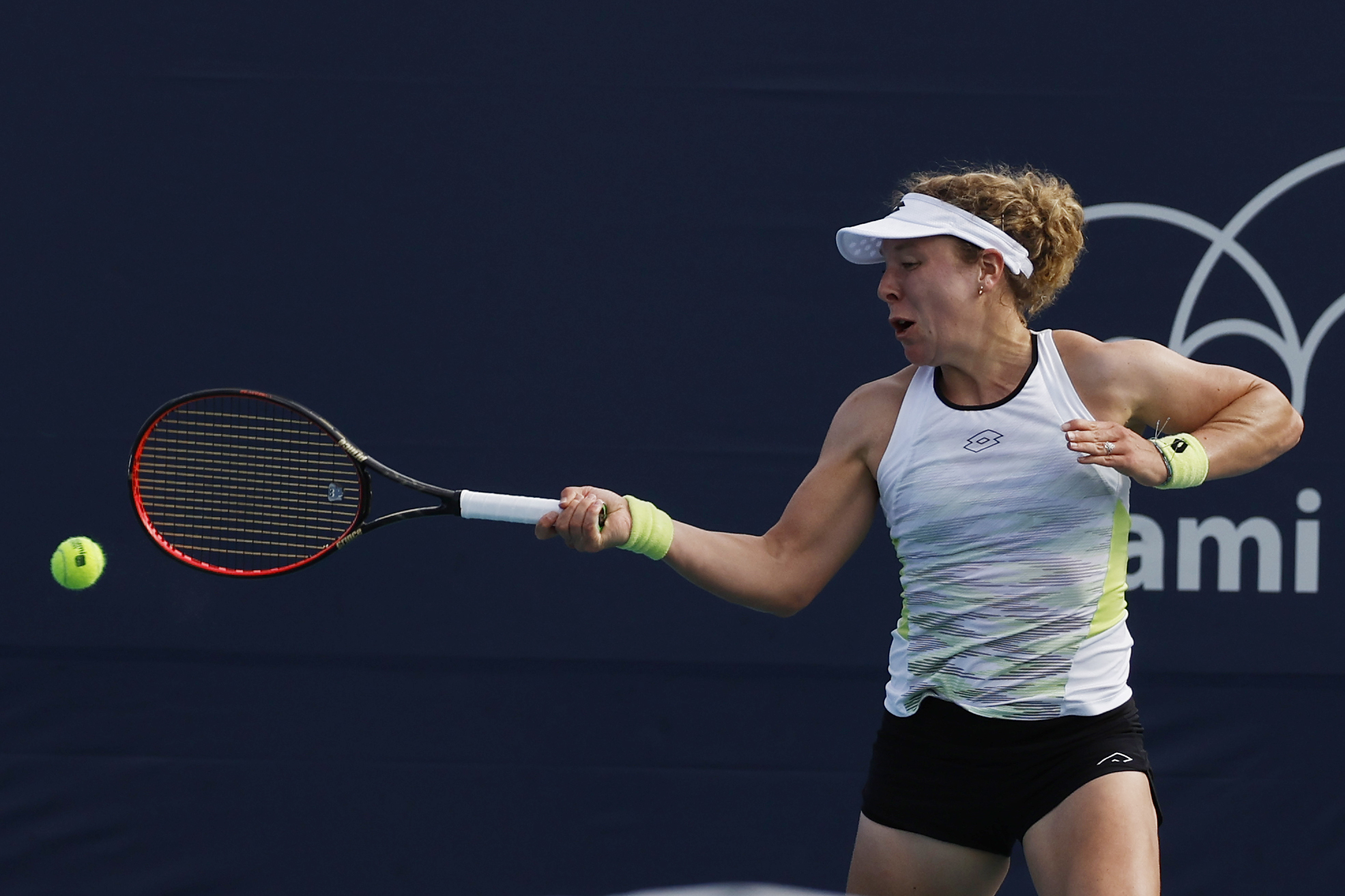 Mar 22, 2023; Miami, Florida, US; Anna-Lena Friedsam (GER) hits a forehand against Xinyu Wang (CHN) (not pictured) on day three of the Miami Open at Hard Rock Stadium. Mandatory Credit: Geoff Burke-Imagn Images