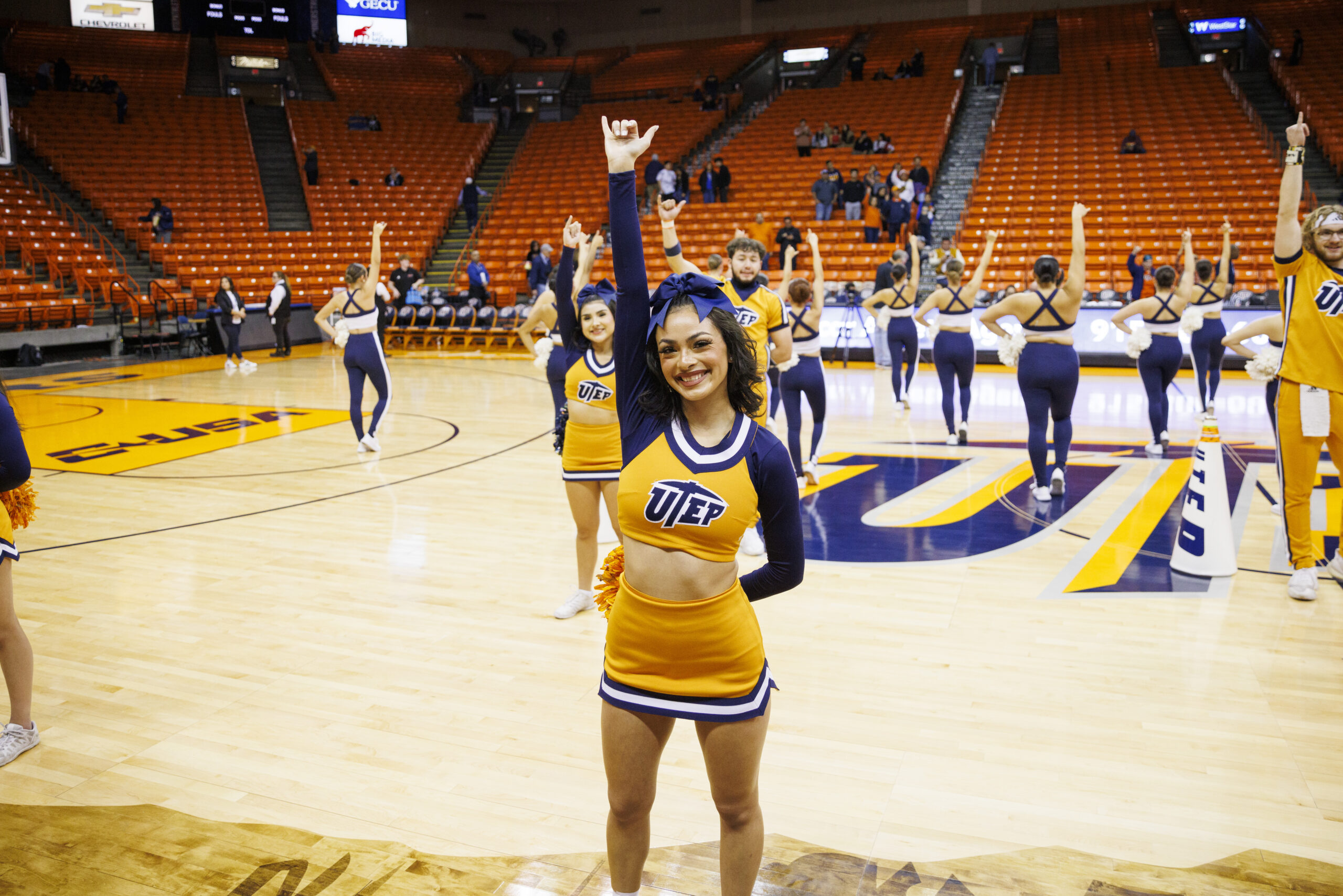 Feb 1, 2024; El Paso, Texas, USA; UTEP Miners cheerleaders are seen on the court after the UTEP Miners defeated the Jacksonville State Gamecocks 79-71 at Don Haskins Center. Mandatory Credit: Ivan Pierre Aguirre-Imagn Images
