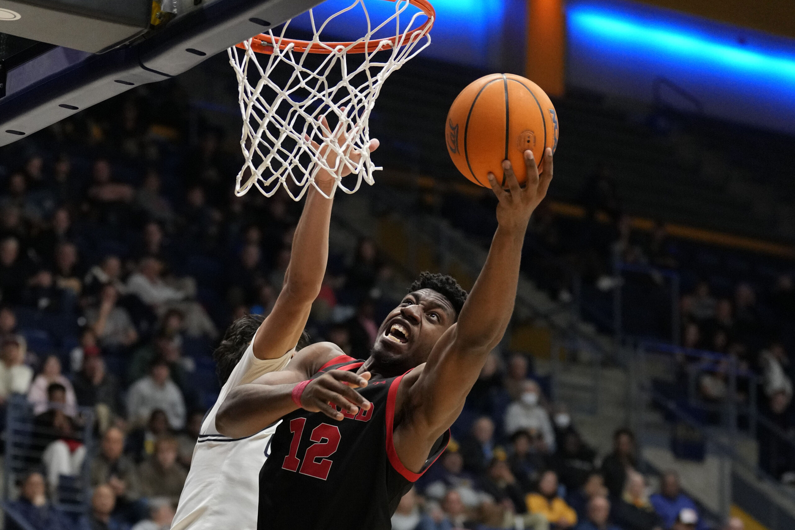 December 10, 2024; Berkeley, California, USA; Cornell Big Red forward AK Okereke (12) shoots the basketball against the California Golden Bears during the second half at Haas Pavilion. Mandatory Credit: Kyle Terada-Imagn Images