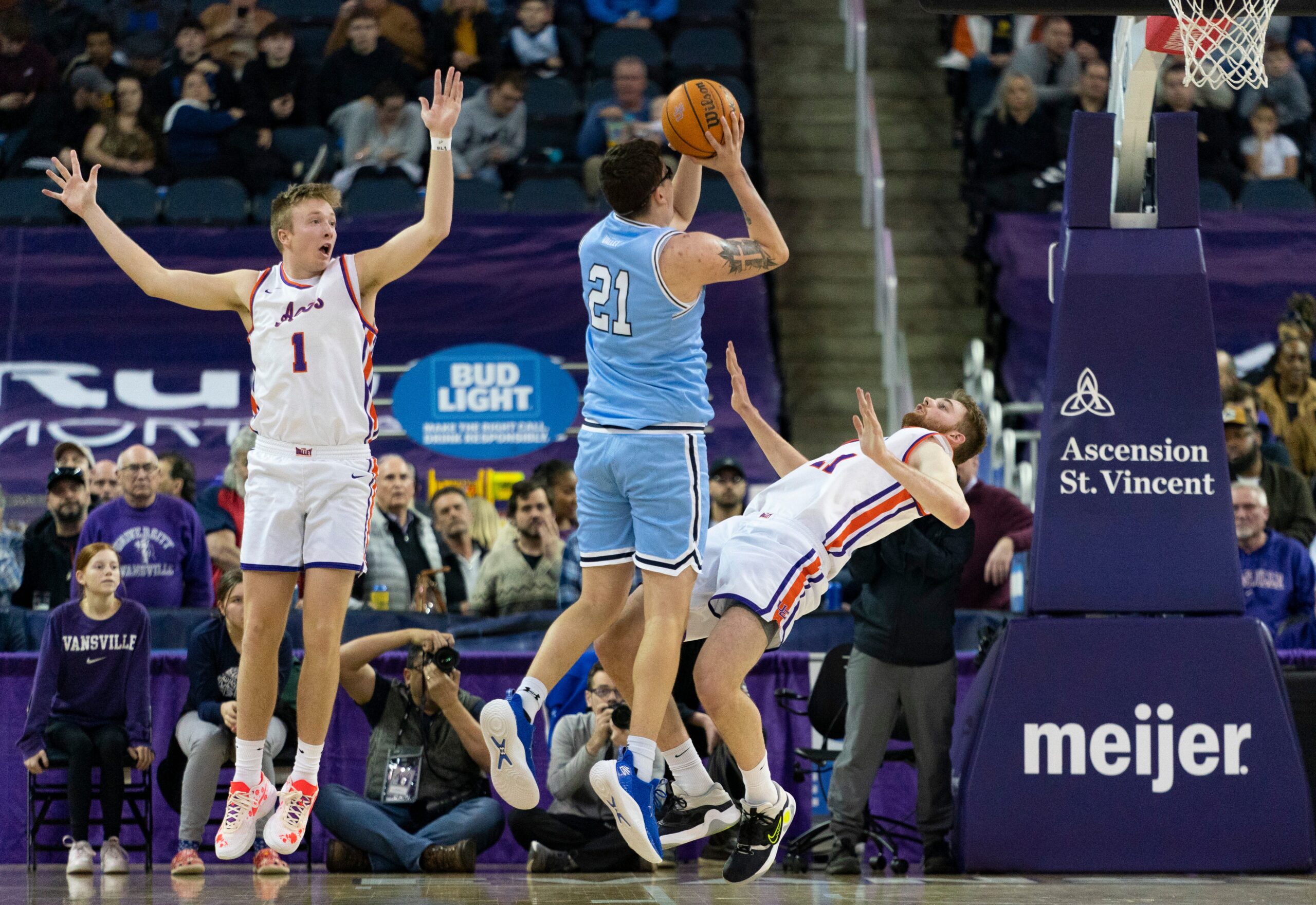 during the first round of the Ohio Valley Conference Men's Basketball Championship tournament at Ford Center in Evansville, Ind., Wednesday, March 6, 2024. Tennessee State Tigers play the University of Southern Indiana Screaming Eagles during the first round of the Ohio Valley Conference Men's Basketball Championship tournament at Ford Center in Evansville, Ind., Wednesday, March 6, 2024.