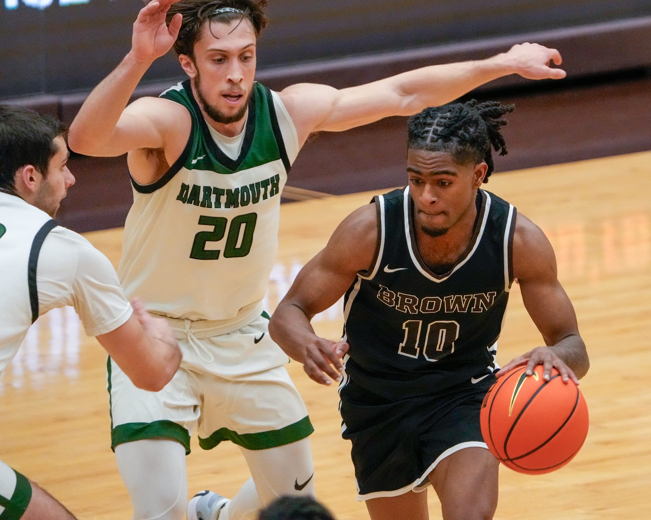 Brown falls to Dartmouth 84-83 at Pizzitola Sports Center. Kino Lilly Jr. gets past Dartmouth's Romeo Myrthil, 20.
