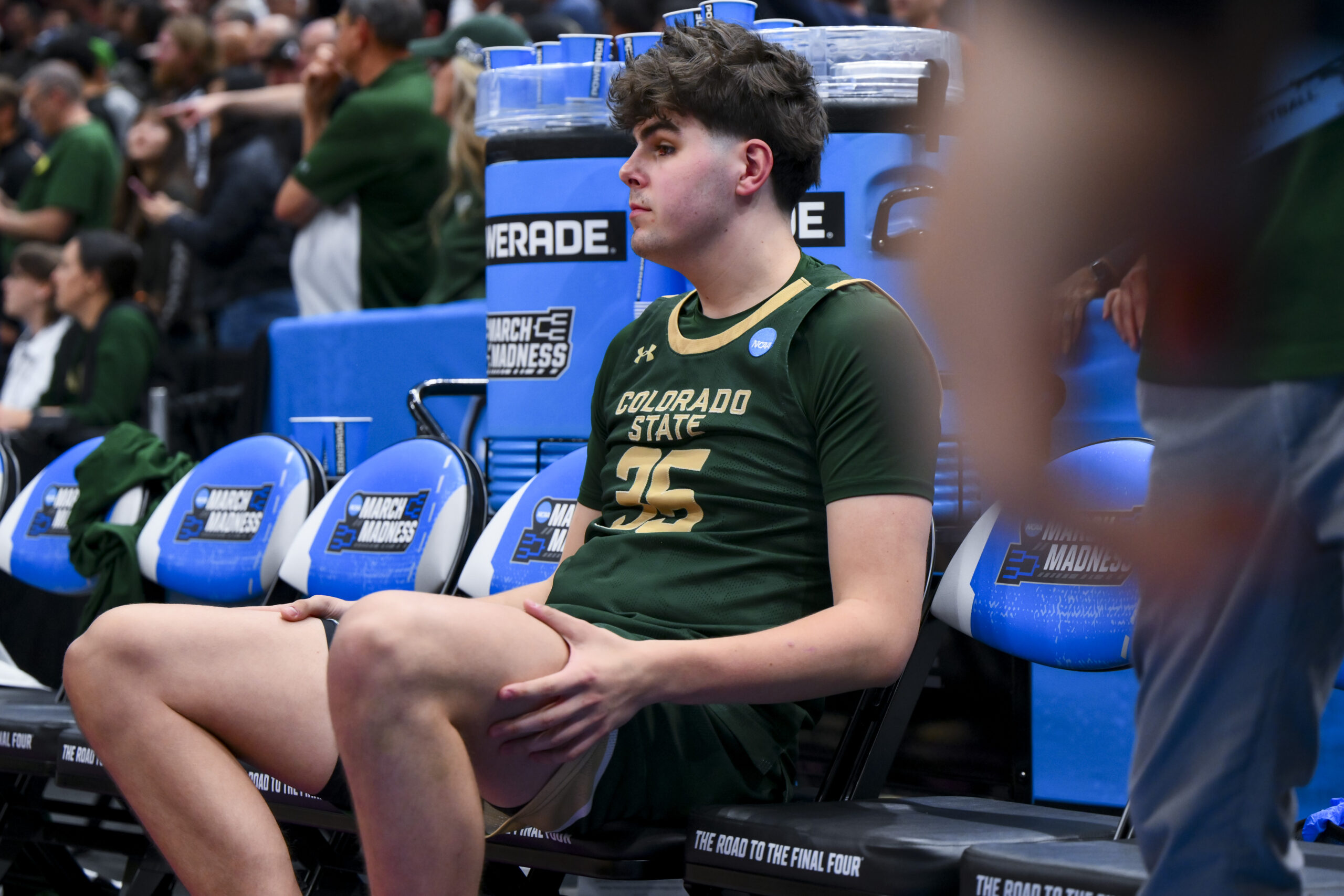 Mar 23, 2025; Seattle, WA, USA; Colorado State Rams forward Kyle Jorgensen (35) reacts after being defeated by the Maryland Terrapins at Climate Pledge Arena. Mandatory Credit: Steven Bisig-Imagn Images