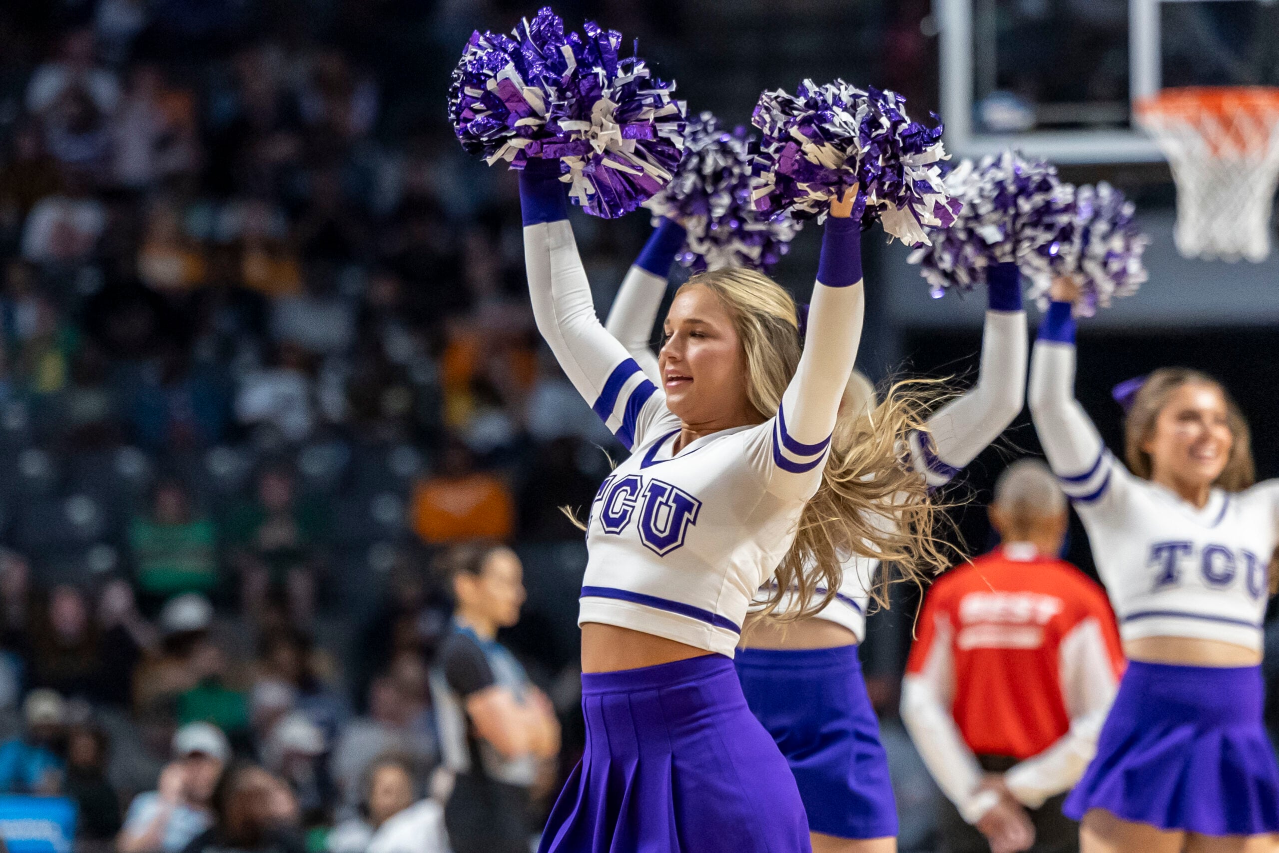Mar 29, 2025; Birmingham, AL, USA; The TCU Horned Frogs cheerleaders perform during the first half of a Sweet 16 NCAA Tournament basketball game against the Notre Dame Fighting Irish at Legacy Arena. Mandatory Credit: Vasha Hunt-Imagn Images