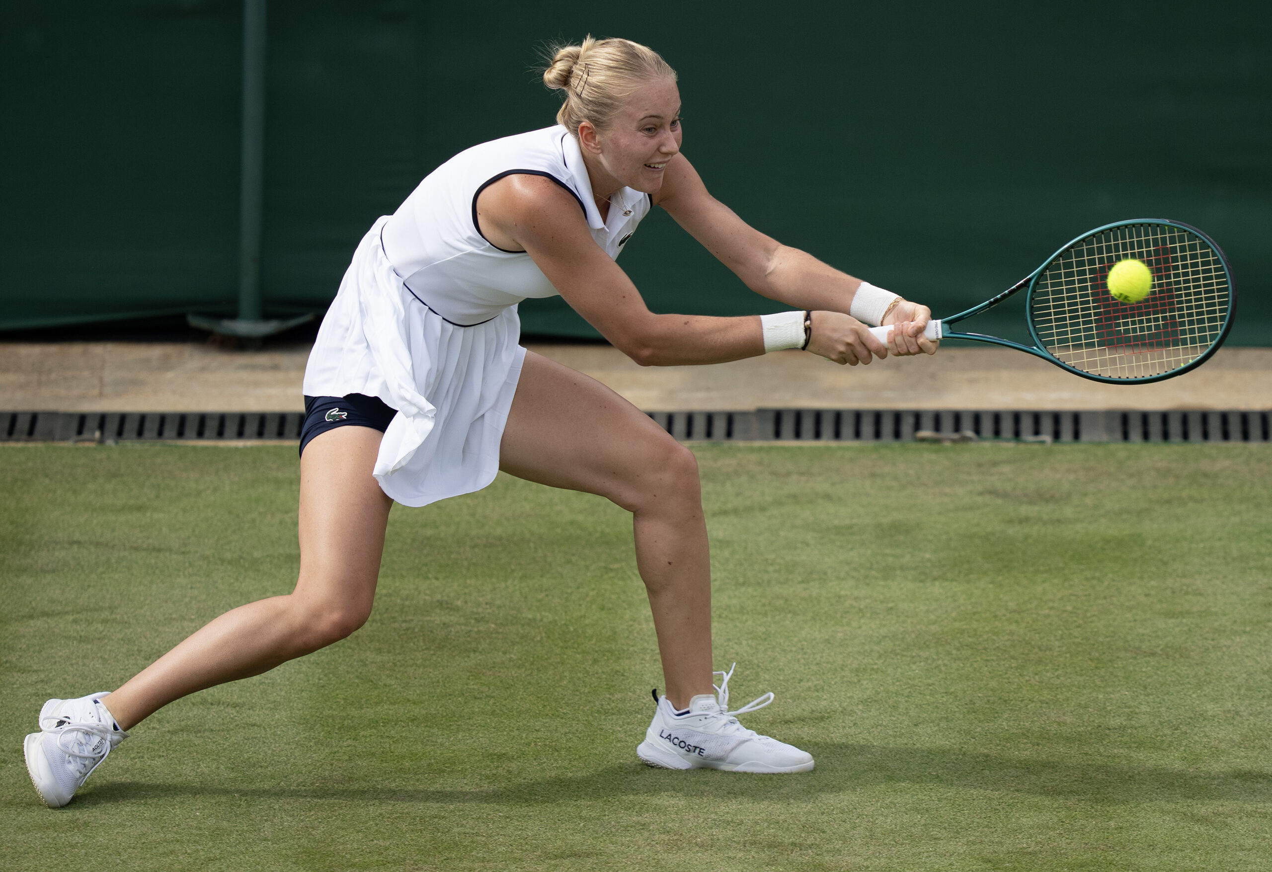 Jul 1, 2025; Wimbledon, UNITED KINGDOM; Polina Kudermetova returns a shot during her match against Iga Swiatek of Poland on day two at the All England Lawn Tennis and Croquet Club. Mandatory Credit: Susan Mullane-Imagn Images