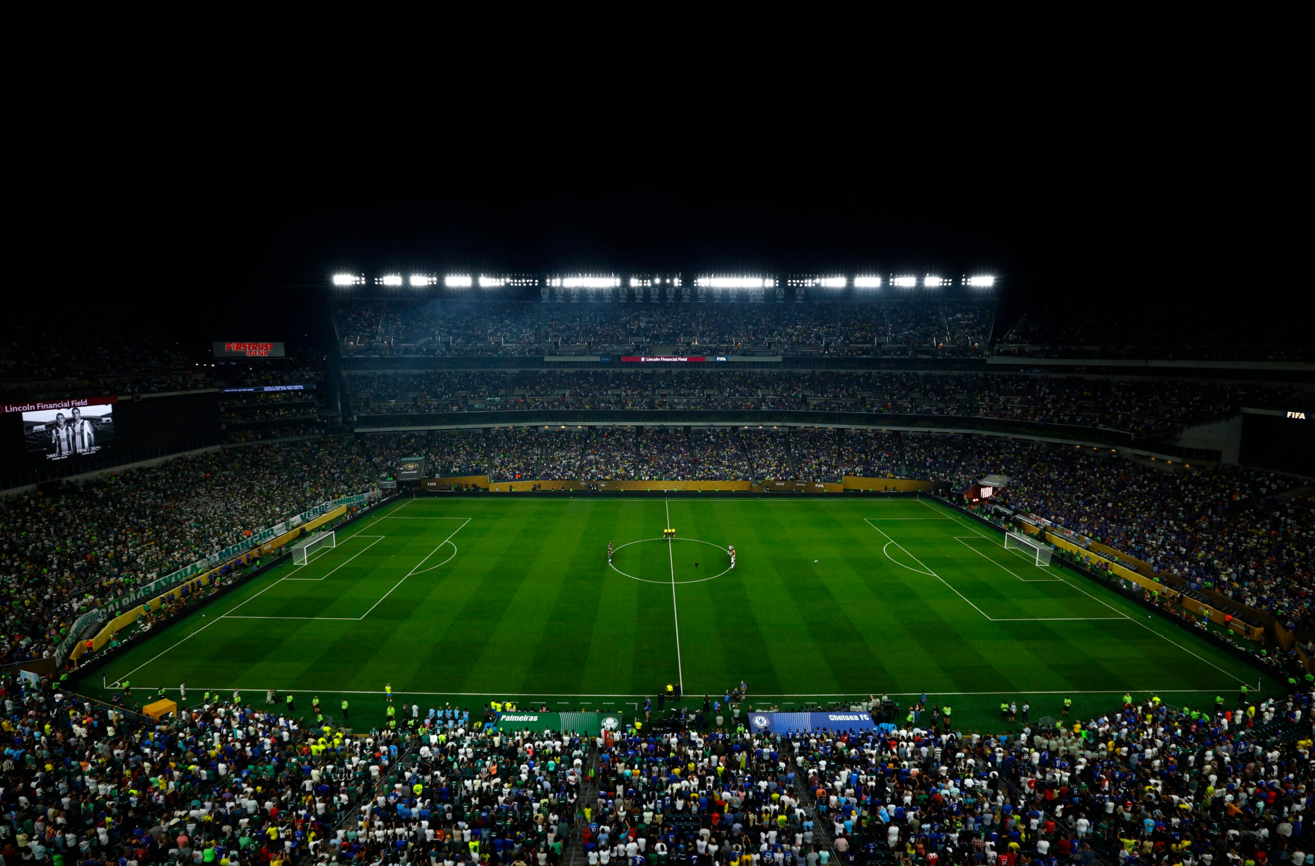 [Subscription Customers Only] Jul 4, 2025; Philadelphia, Pennsylvania, USA; General view during a minutes silence in tribute to Liverpool forward Diogo Jota and his brother Andre Silva before a quarterfinal match of the 2025 FIFA Club World Cup at Lincoln Financial Field. Mandatory Credit: Susana Vera-Reuters via Imagn Images