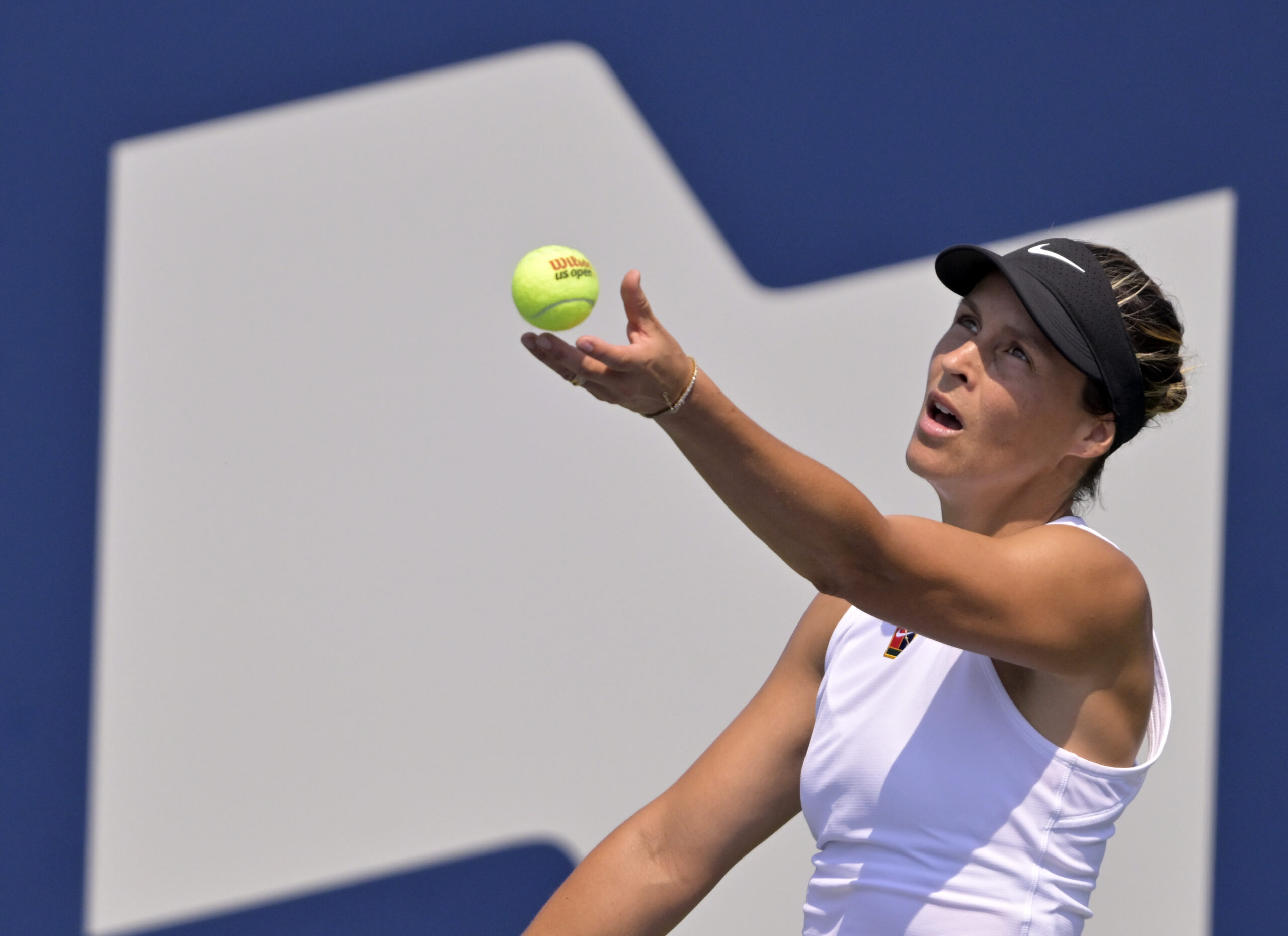 Jul 28, 2025; Montreal, QC, Canada; Tatjana Maria (GER) serves against Laura Siegemund (GER) in first round play at IGA Stadium. Mandatory Credit: Eric Bolte-Imagn Images